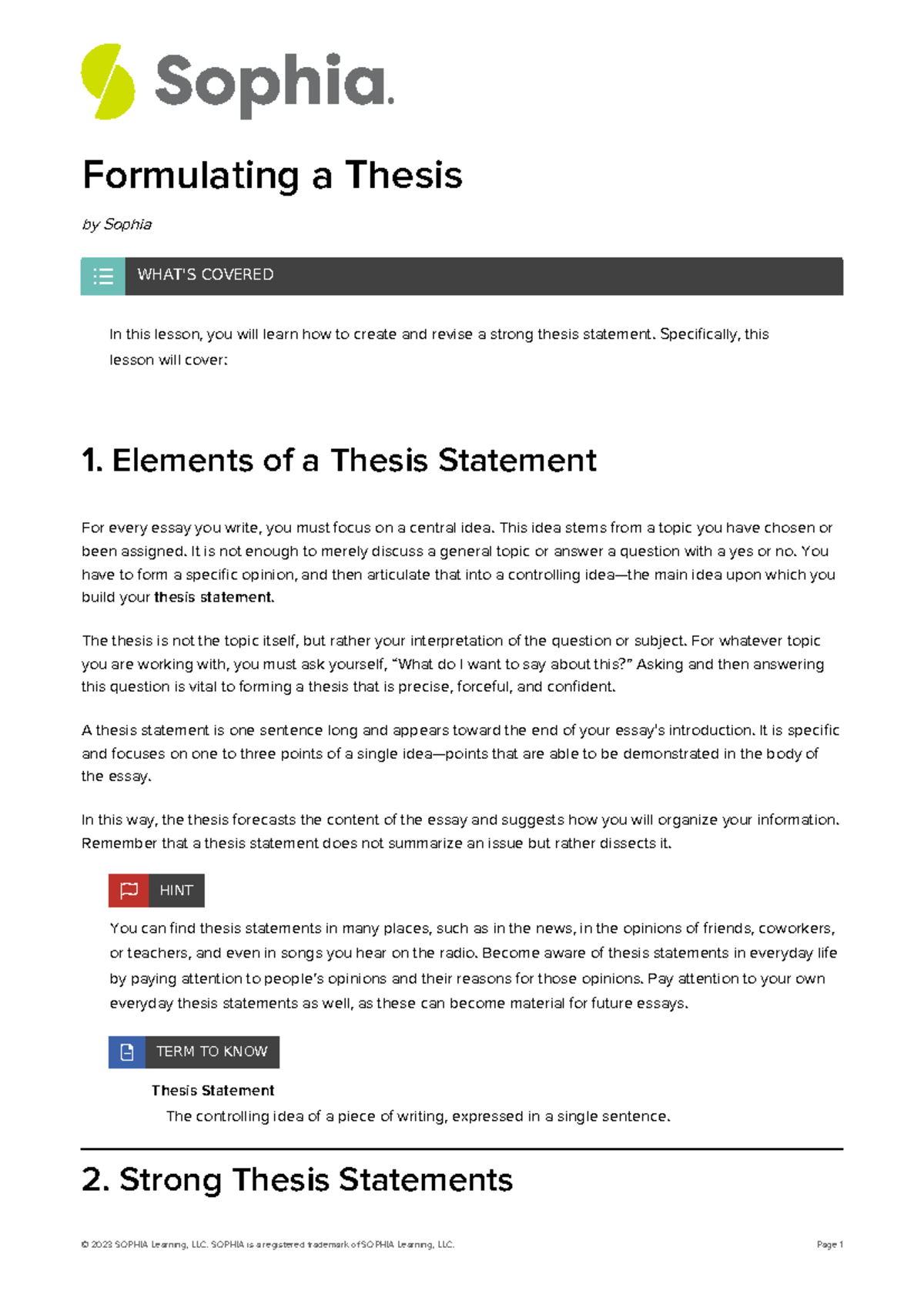 formulating a thesis statement quizlet