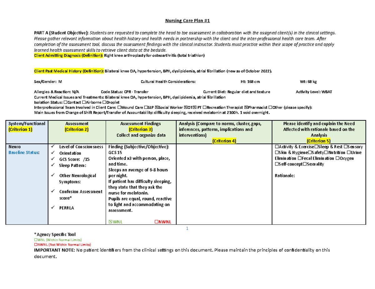 Nursing Care Plan 1 - NCP Assignment 1 - Nursing Care Plan PART A ...