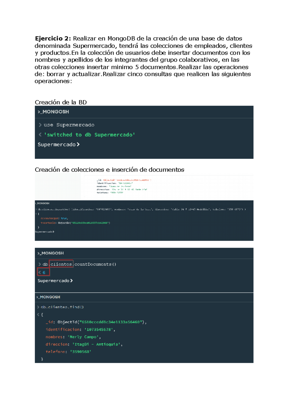 Mongo Db Trabajo De Base De Datos Ejercicio 2 Realizar En Mongodb De La Creación De Una 1149