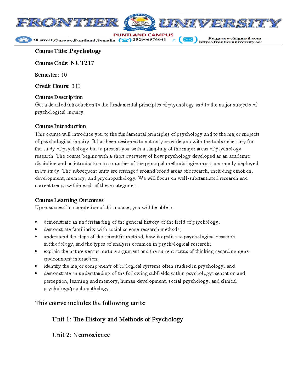Psychology course outline - Course Title: Psychology Course Code: NUT ...