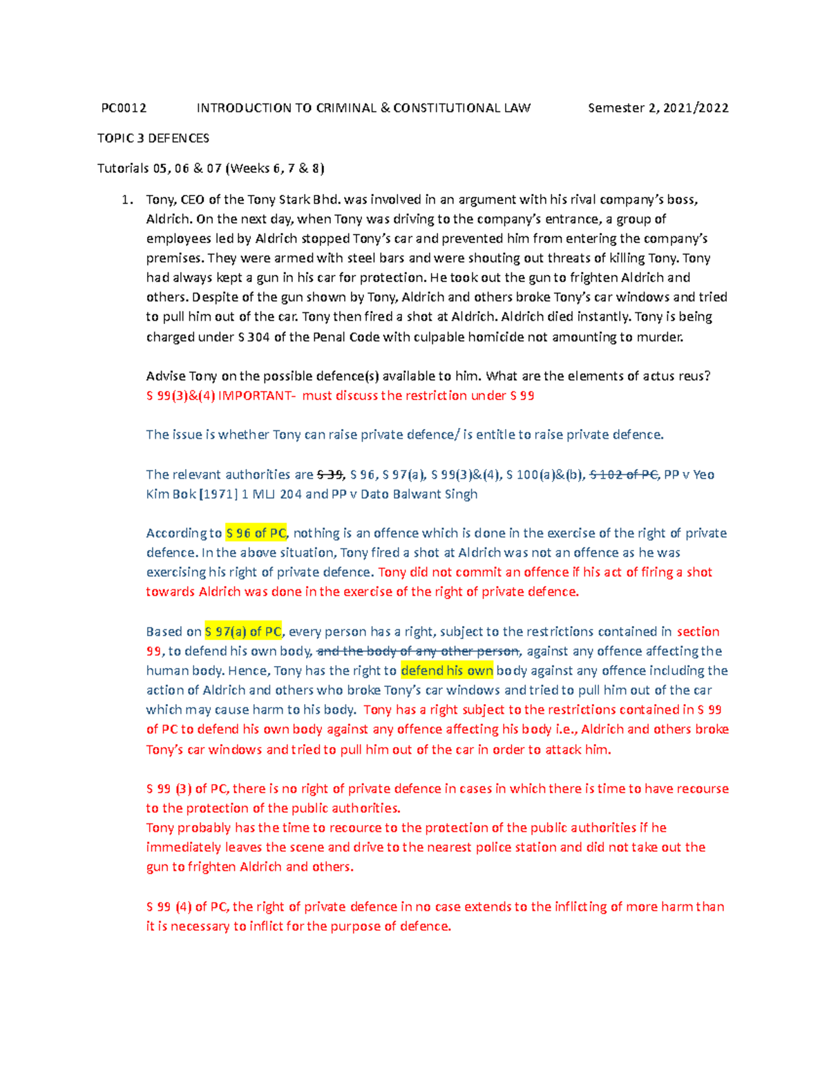 Topic 3 Defences - PC0012 INTRODUCTION TO CRIMINAL & CONSTITUTIONAL LAW ...