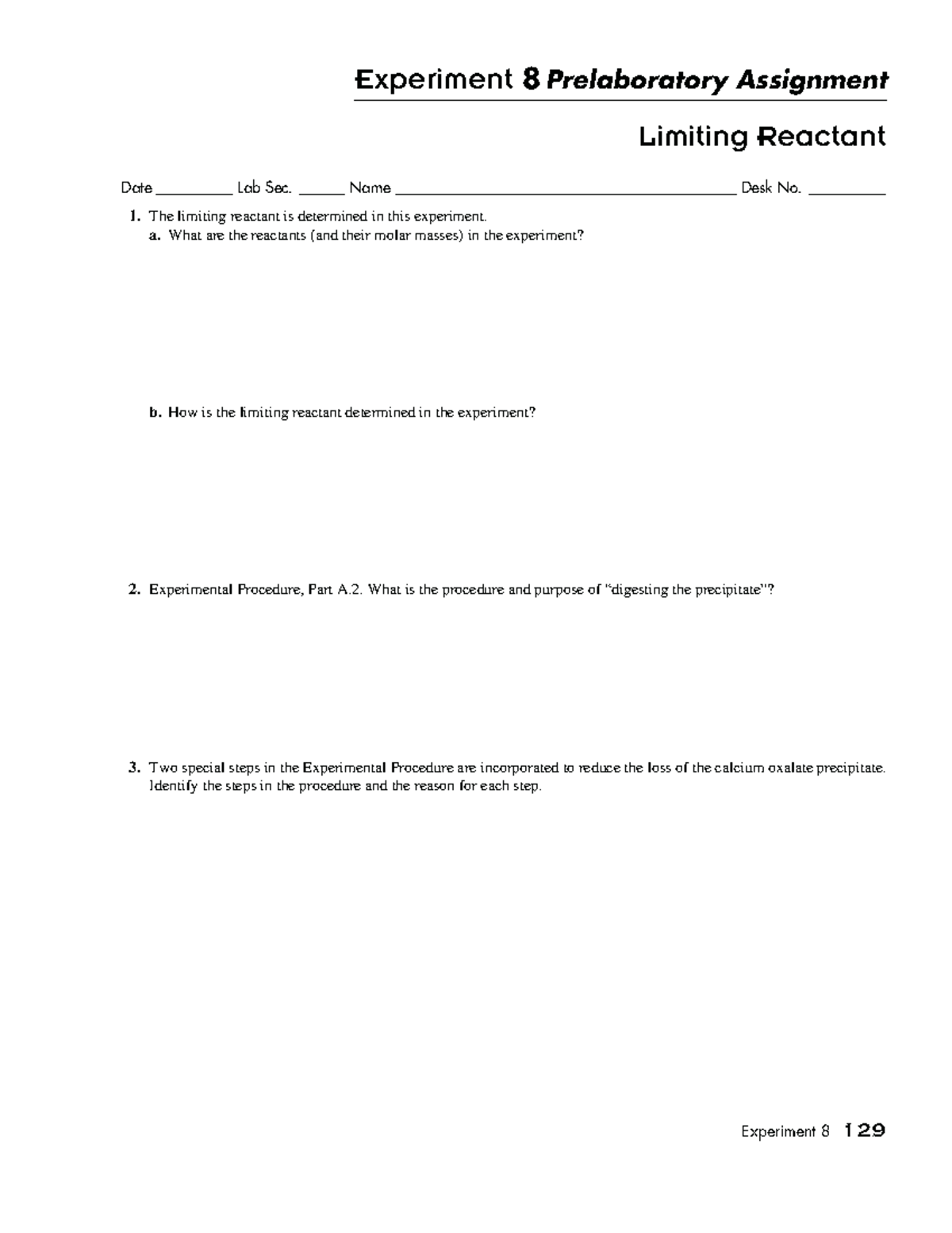 experiment 8 pre laboratory assignment limiting reactant