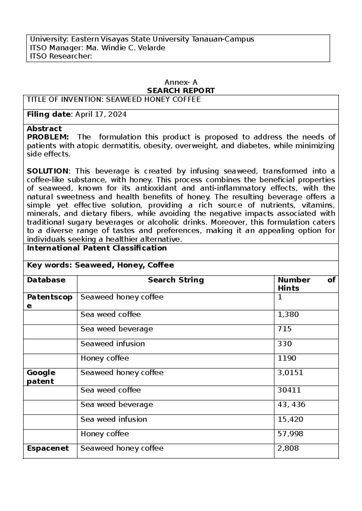 Application FOR Patent TTL - Annex- A SEARCH REPORT TITLE OF INVENTION ...