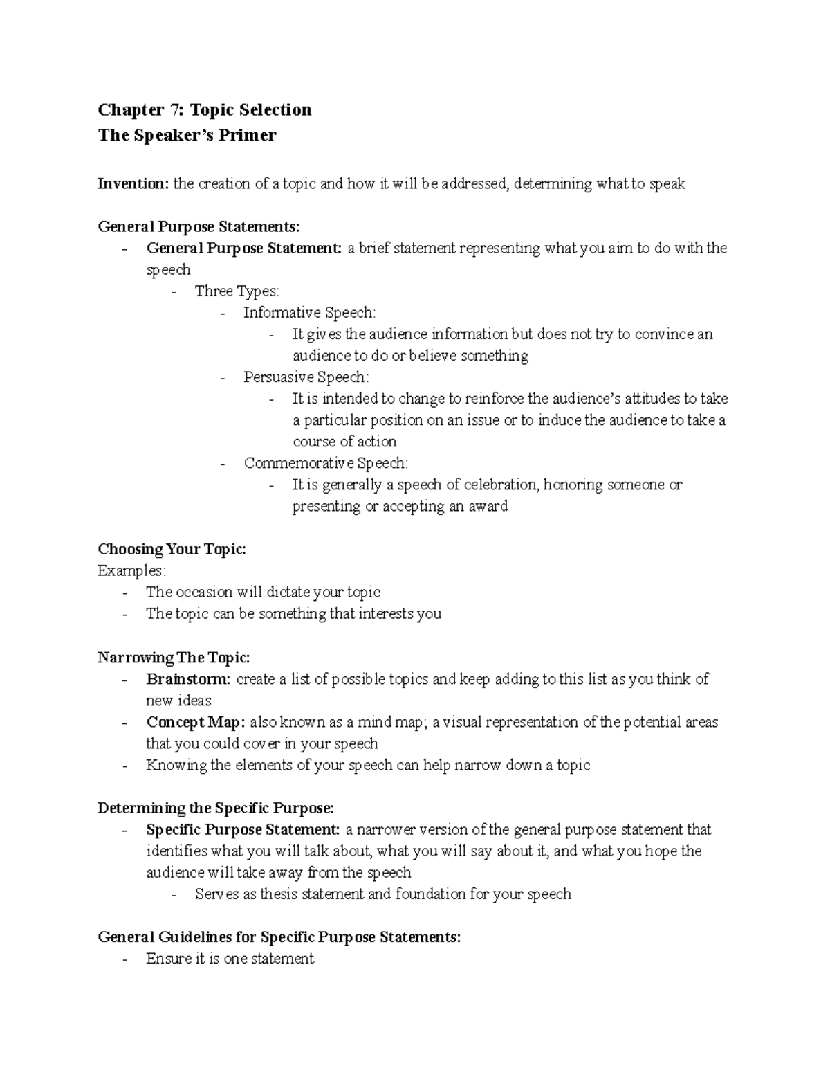 COM 120 Chapter 7 Chapter 7 Topic Selection The Speaker’s Primer