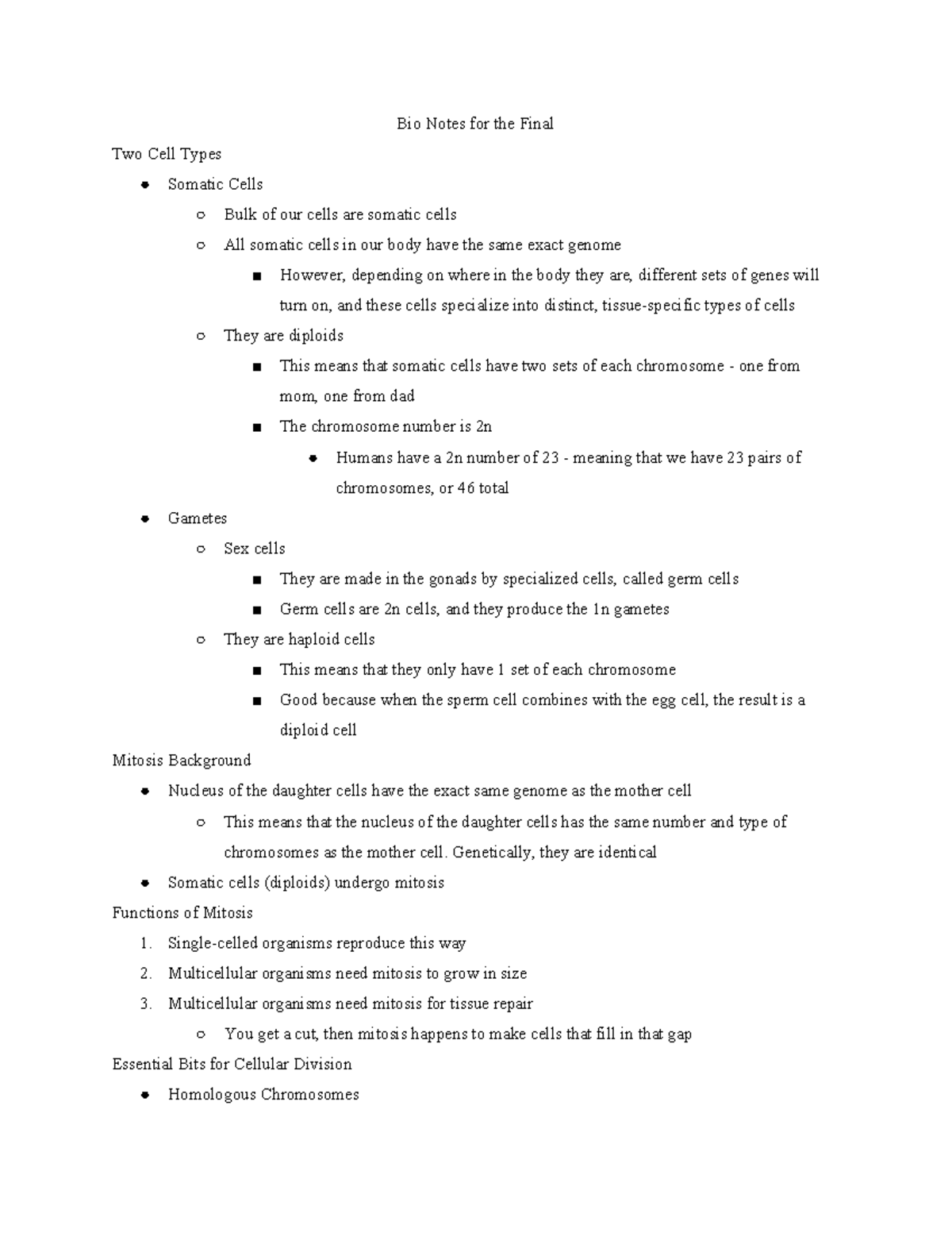 Bio Notes Final - Bio Notes for the Final Two Cell Types Somatic Cells ...