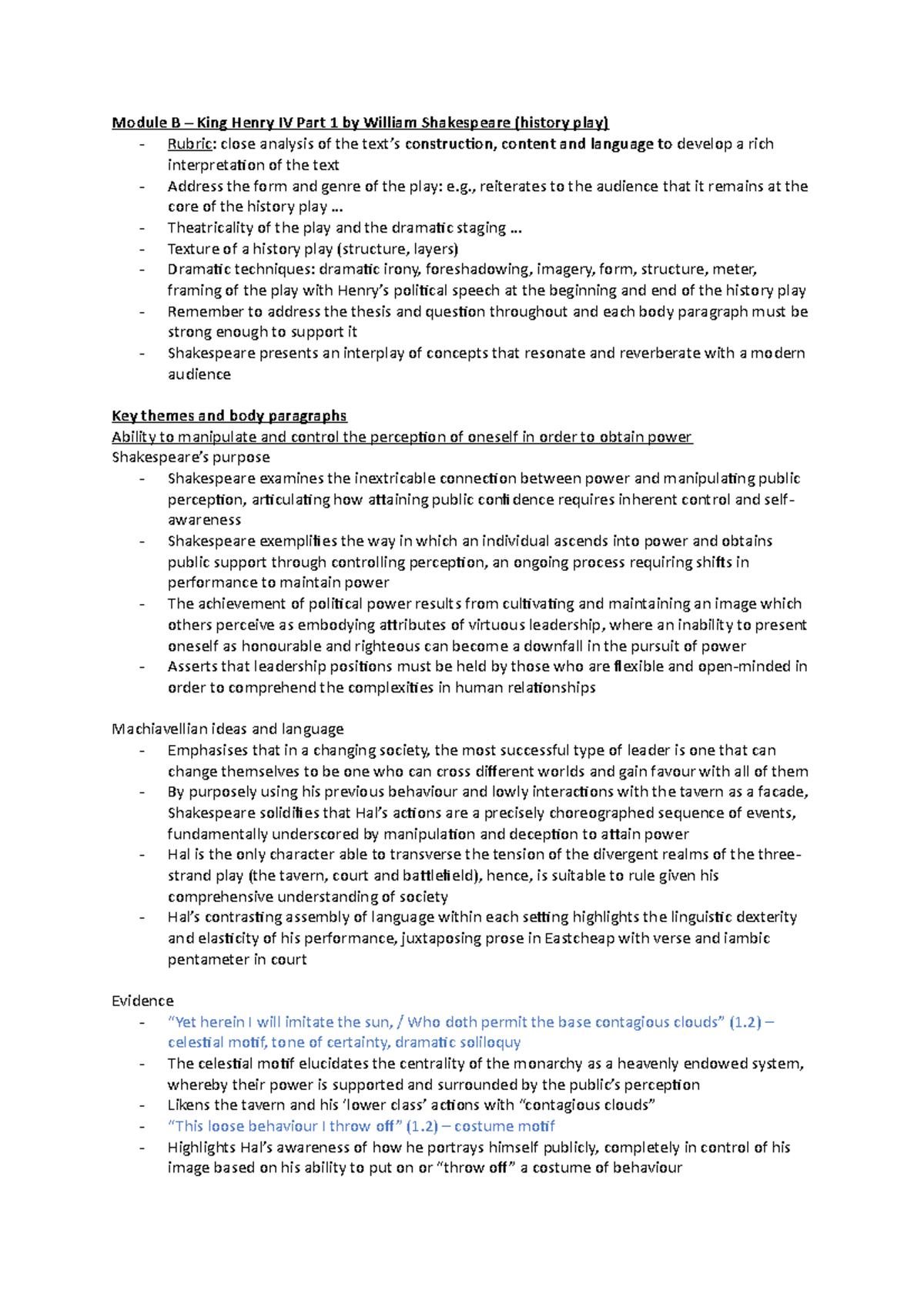 Module B Notes Review - Module B – King Henry IV Part 1 By William ...