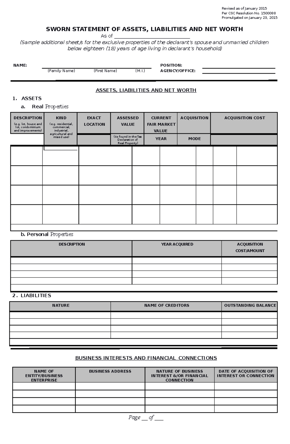 Salnadditional Sheet - Revised as of January 2015 Per CSC Resolution No ...