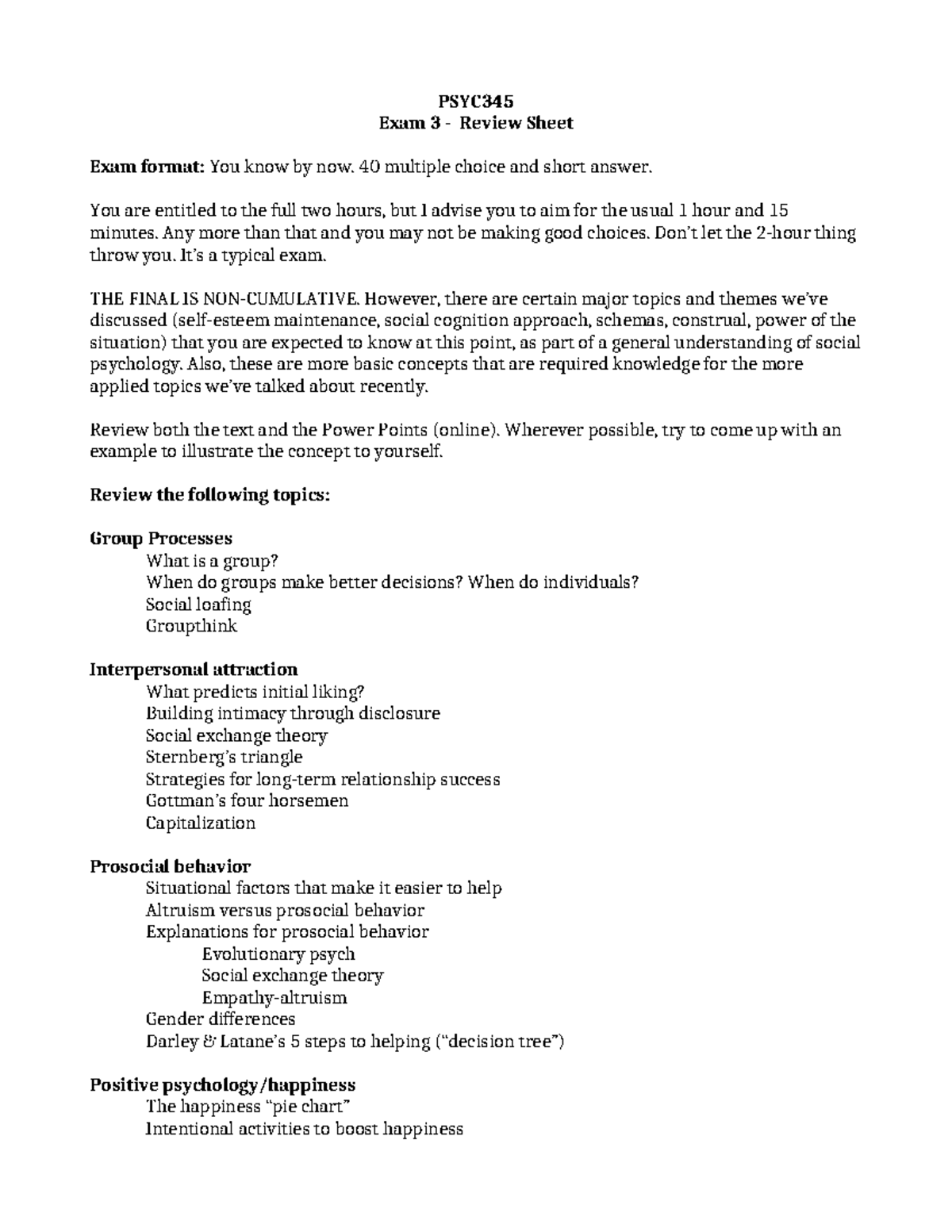 Final exam review sheet - PSYC Exam 3 - Review Sheet Exam format: You ...