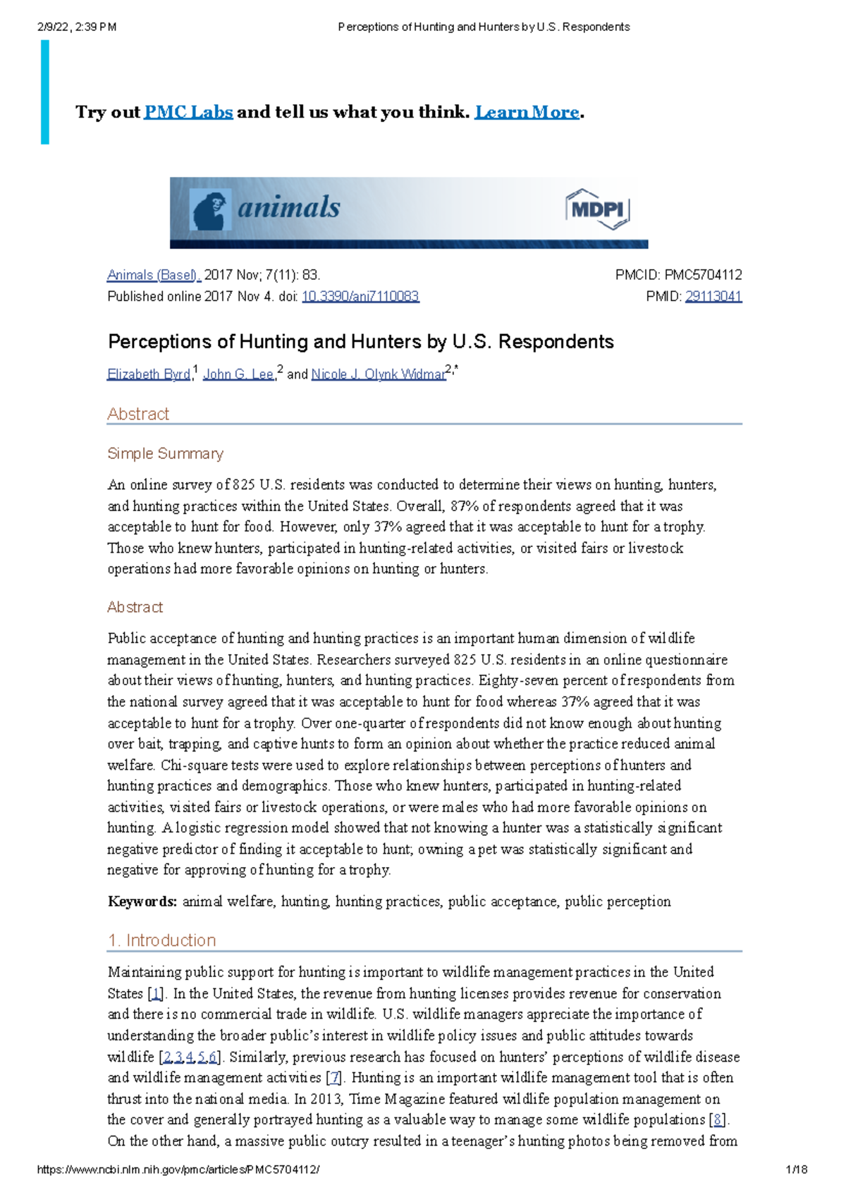 Perceptions of Hunting and Hunters by U.S. Respondents - Animals (Basel