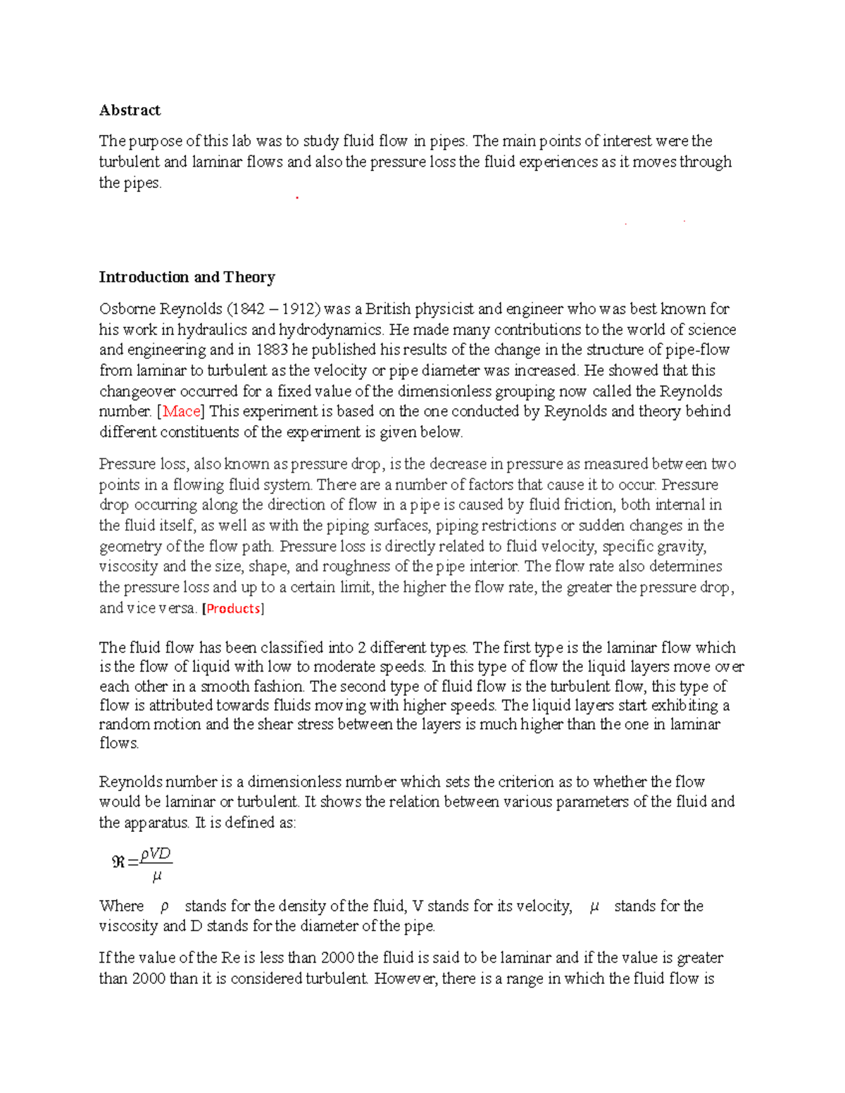 Lab 2 - Reynolds Number Lab - Abstract The purpose of this lab was to ...