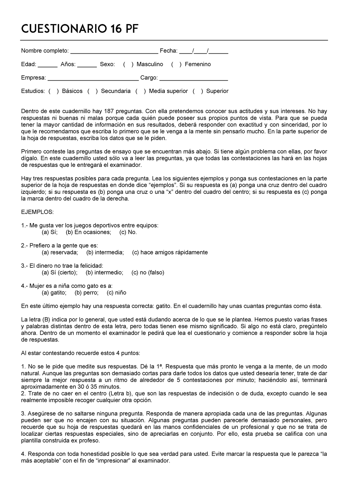 Test 16 PF (cuestionario) - CUESTIONARIO 16 PF Nombre Completo