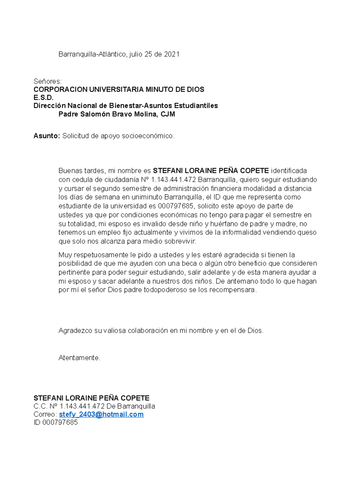 Carta De Solicitud De Apoyo Socioeconomico Barranquilla Atlántico Julio 25 De 2021 Señores 2342