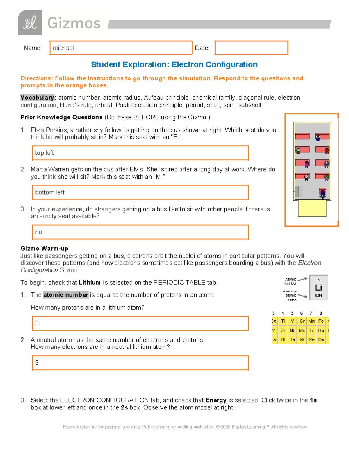 Copy of Electron Configuration SE - Name: michael Date: Student ...