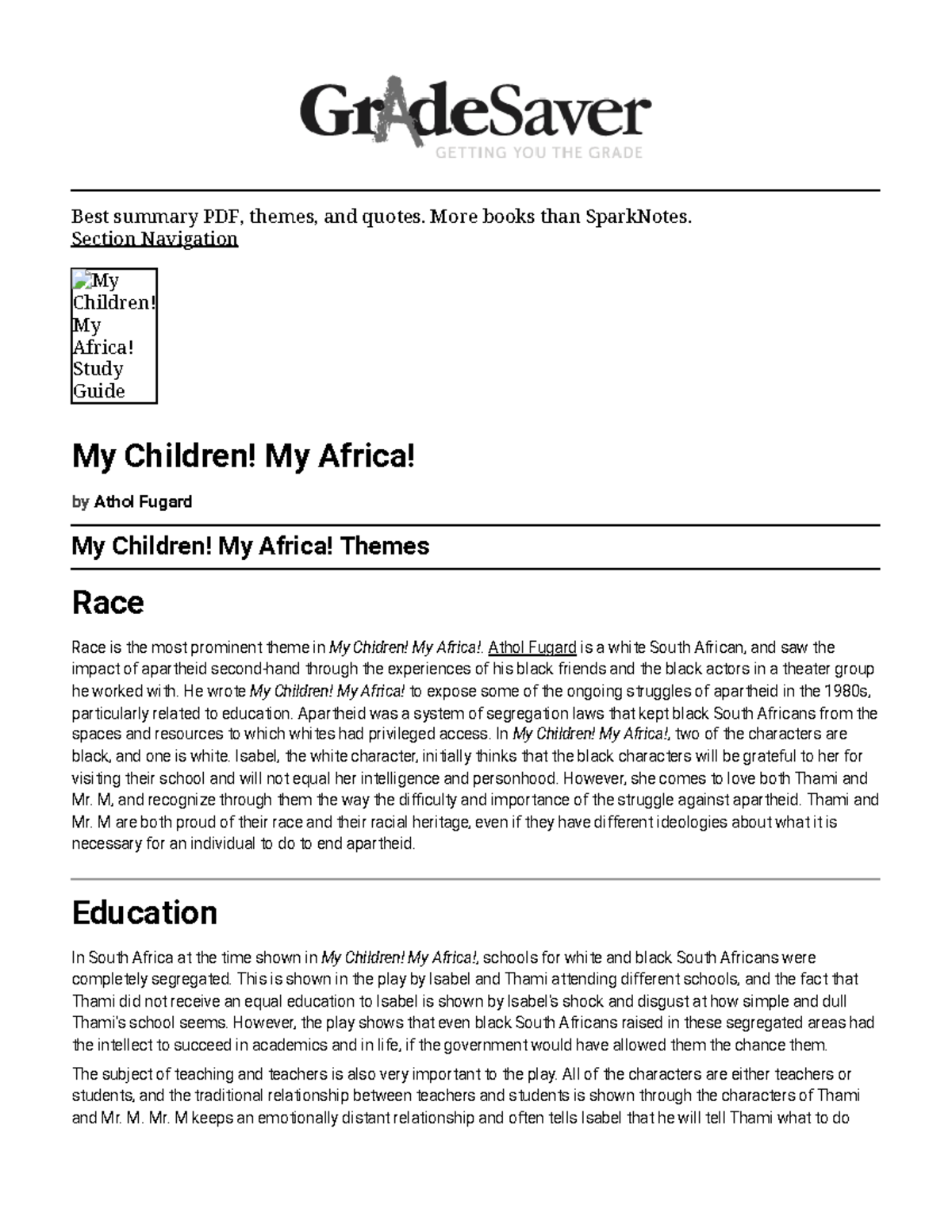 My Children My Africa Themes Grade Saver - Best summary PDF, themes ...