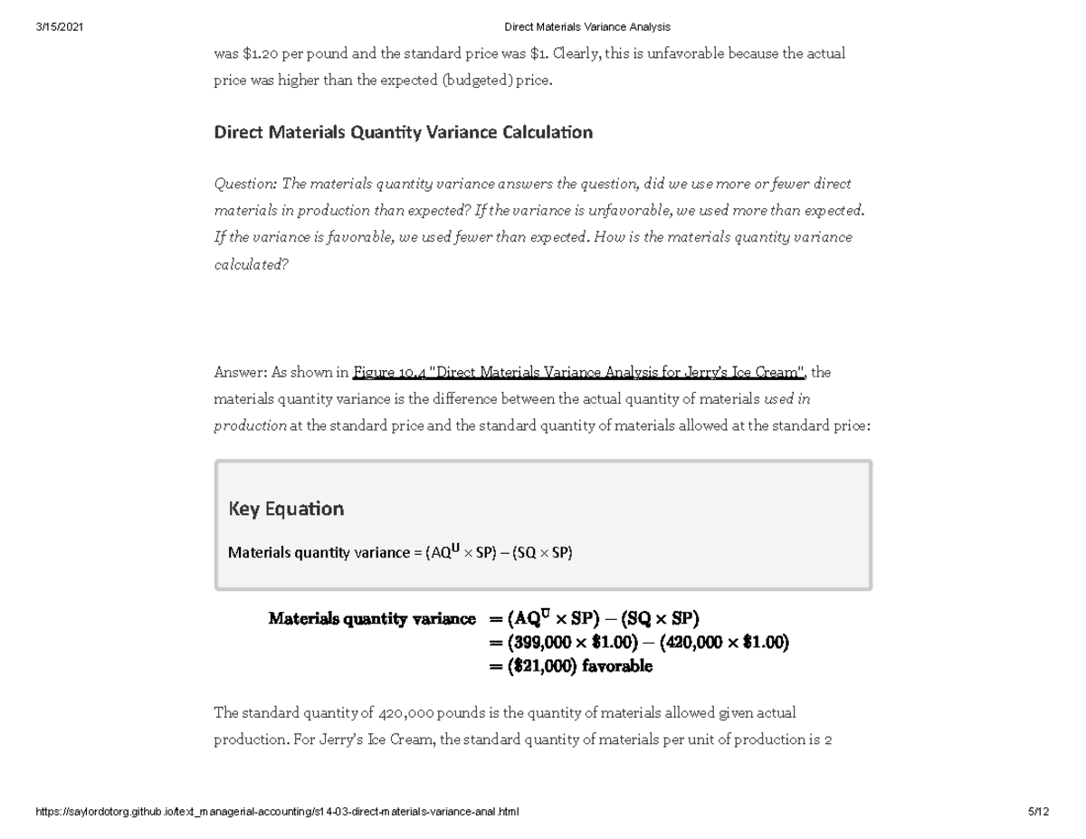 Direct Materials Variance Analysis 3/15/2021 Direct Materials