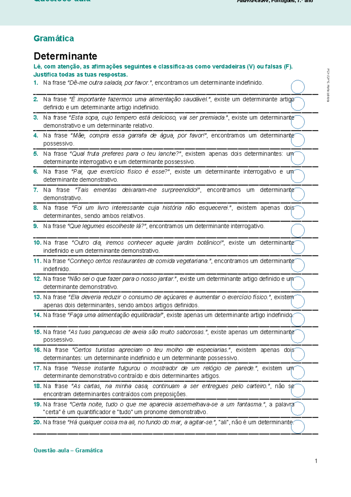 Determinantes Ficha gramática 7º ano Questões aula Palavra chave