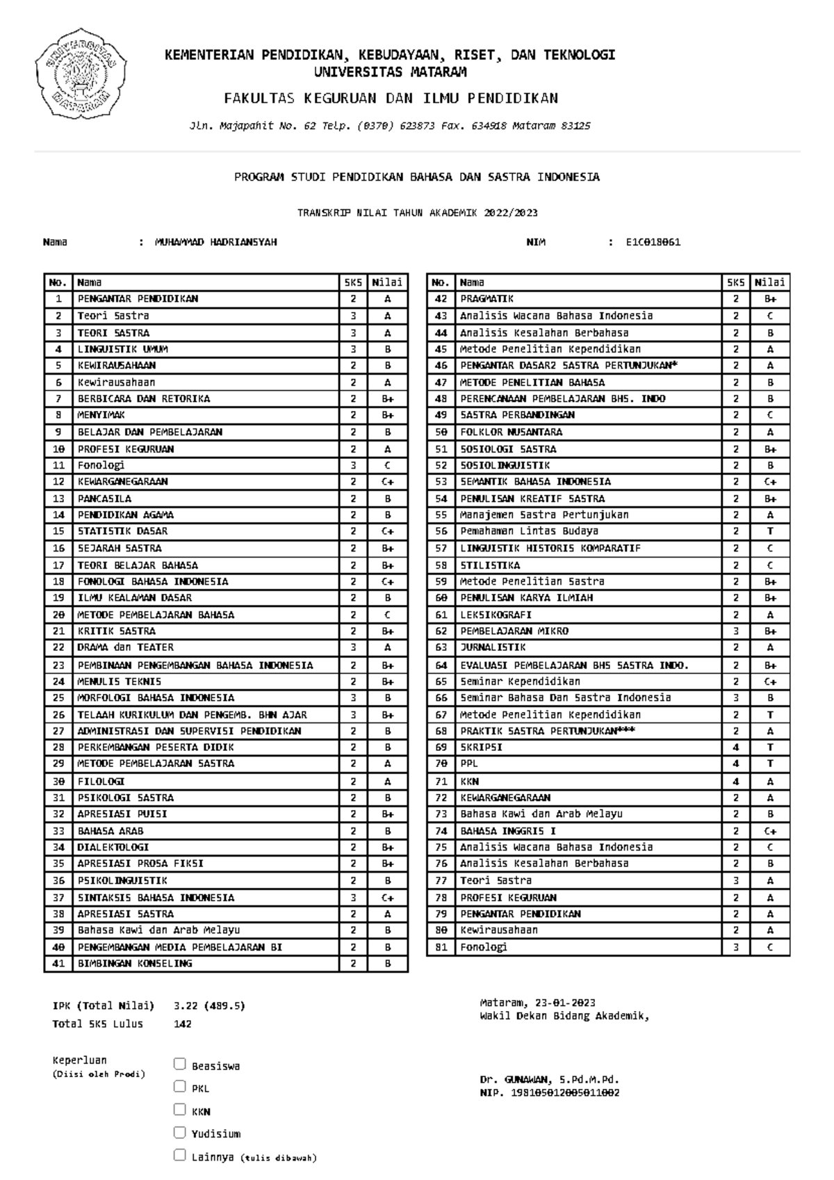 Cetak Transkrip Nilai Mahasiswa Sistem Informasi Akademik