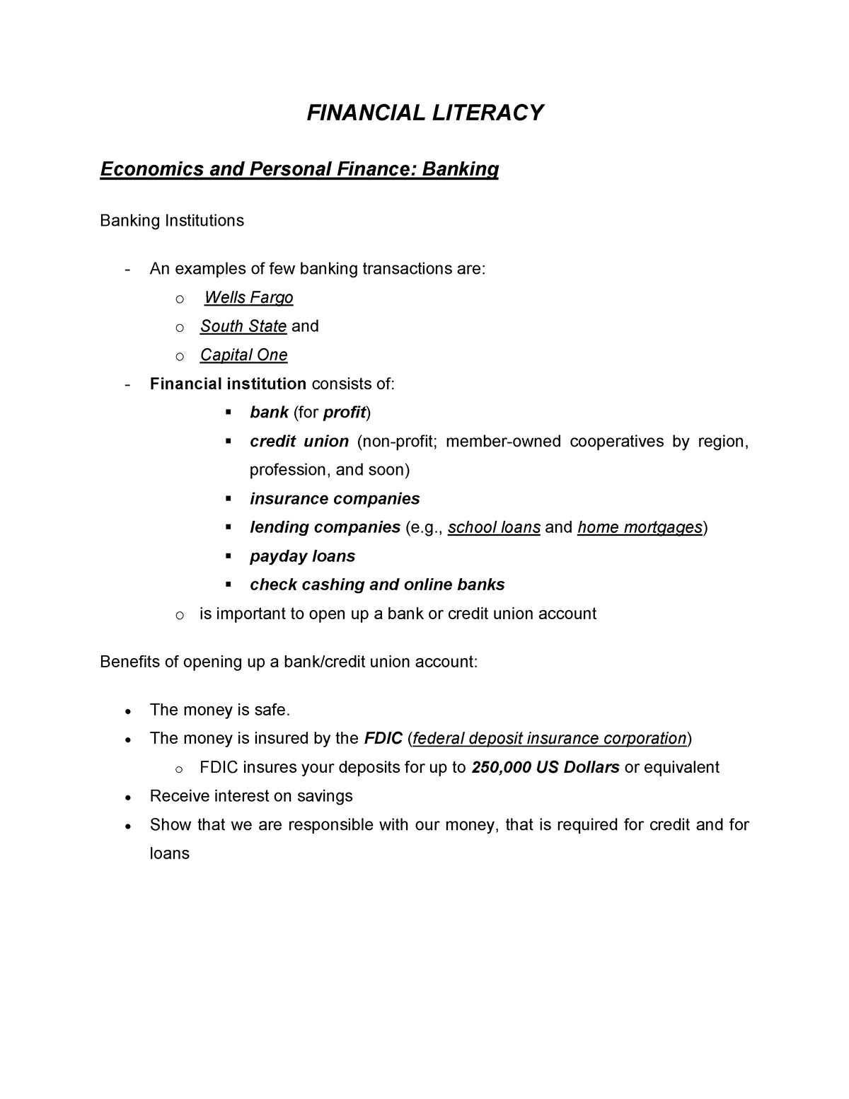 Economics and Personal Finance: Banking - FINANCIAL LITERACY Economics ...