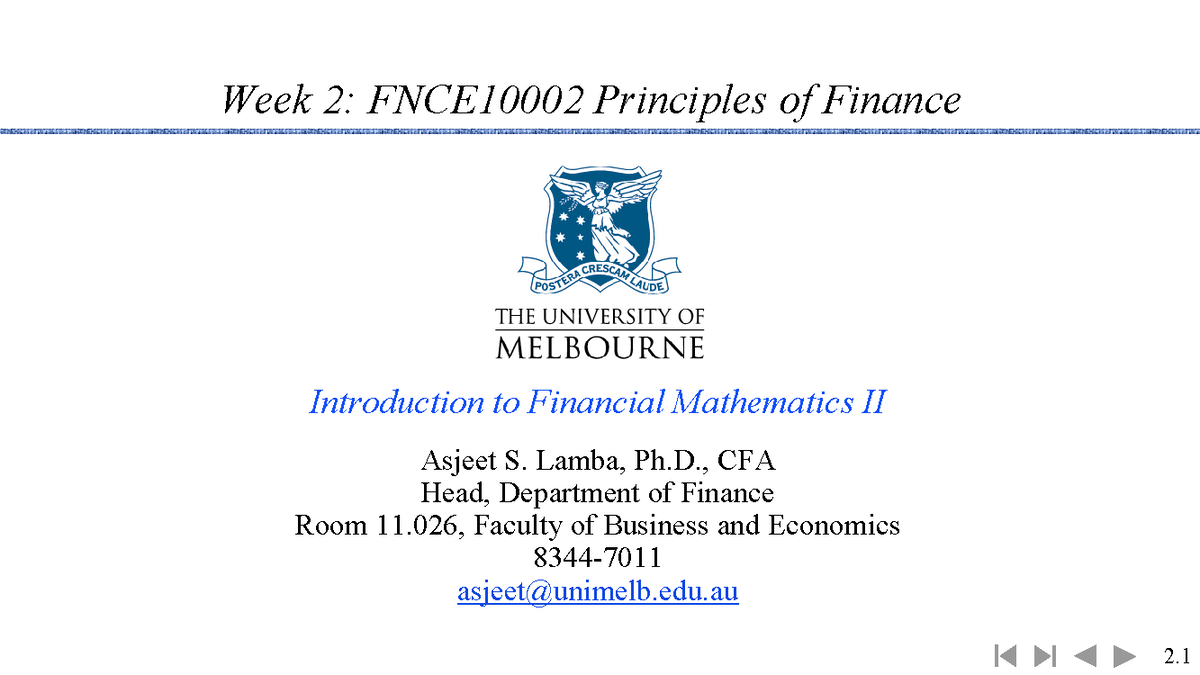 Lecture 2 - Week 2: FNCE10002 Principles Of Finance Introduction To ...