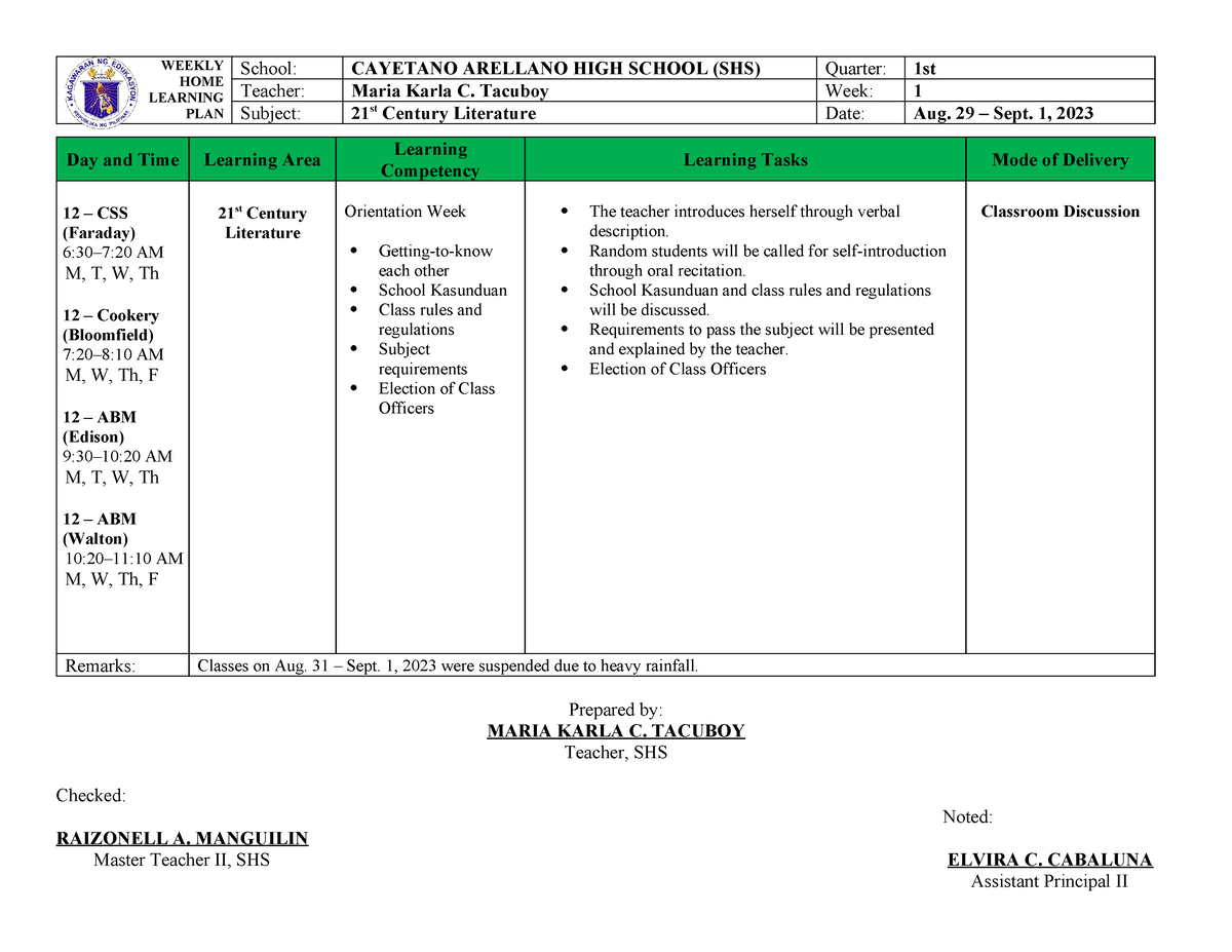 Week 1 - Weekly Home Learning PLan - WEEKLY HOME LEARNING PLAN School ...