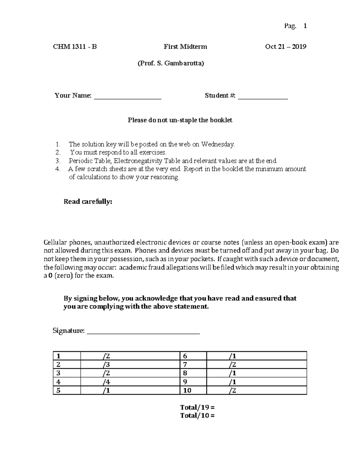 2019-B- 1-midterm-solutions - Pag. 1 CHM 1311 - B First Midterm Oct 21 ...