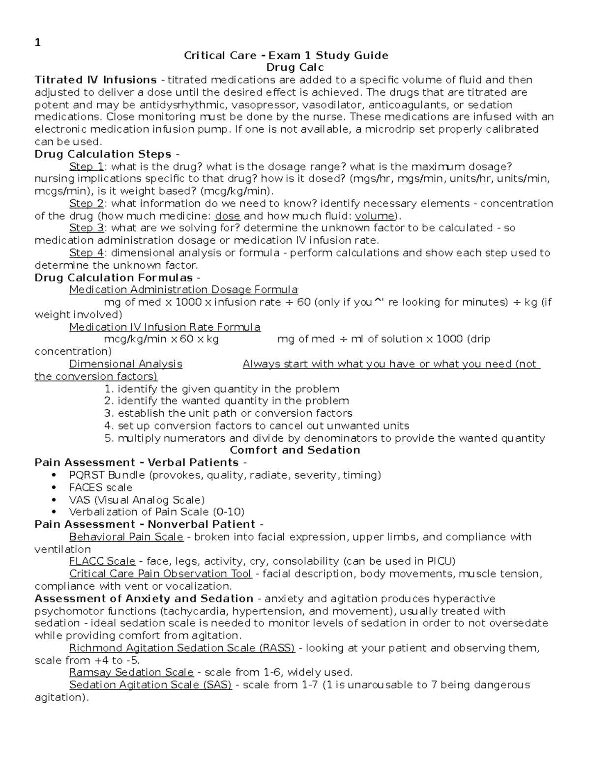 CC - Exam 1 Study Guide - Critical Care - Exam 1 Study Guide Drug Calc ...