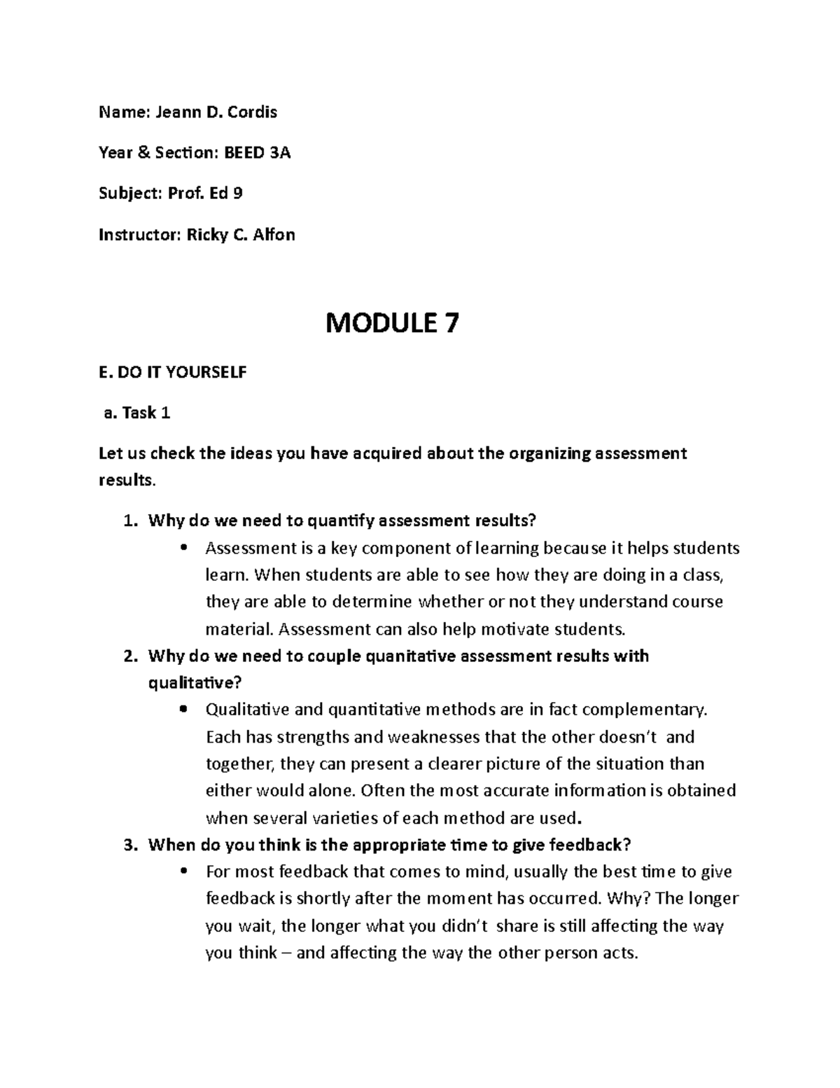 PROF.ED 9 Module 7 - Beautiful - Name: Jeann D. Cordis Year & Section ...