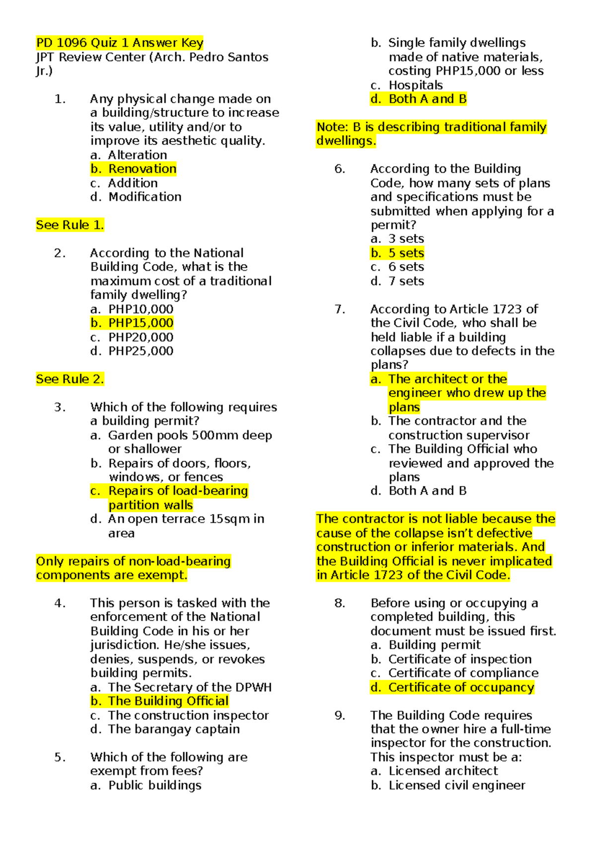 BLDG LAWS Pedro Quiz 1 PD 1096 - PD 1096 Quiz 1 Answer Key JPT Review ...