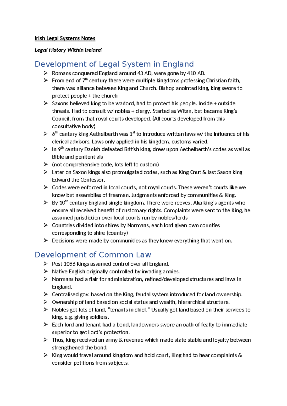 Legal Systems Revision Notes - Irish Legal Systems Notes Legal History ...