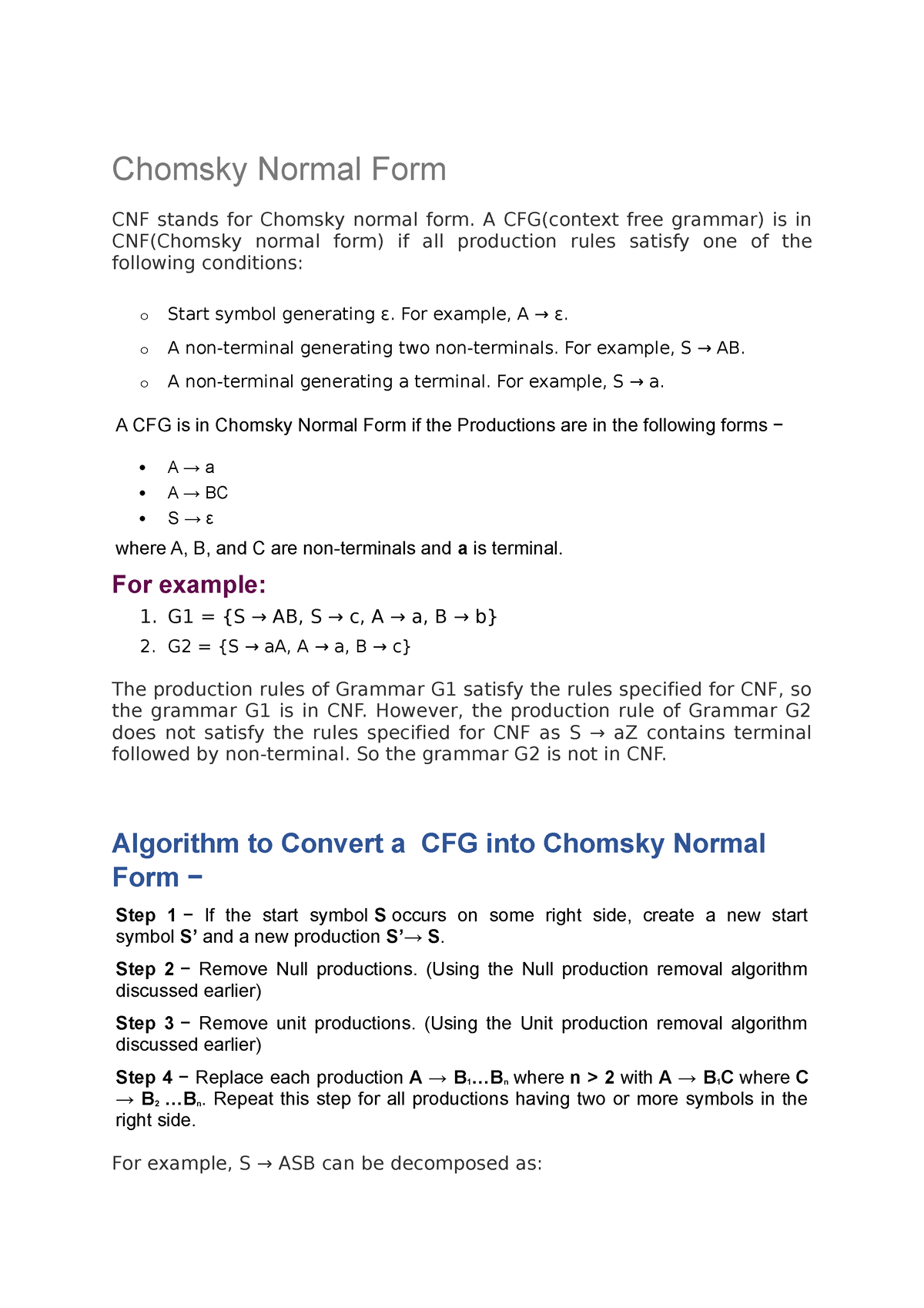 CFG To CNF - Lecture Notes - Chomsky Normal Form CNF Stands For Chomsky ...