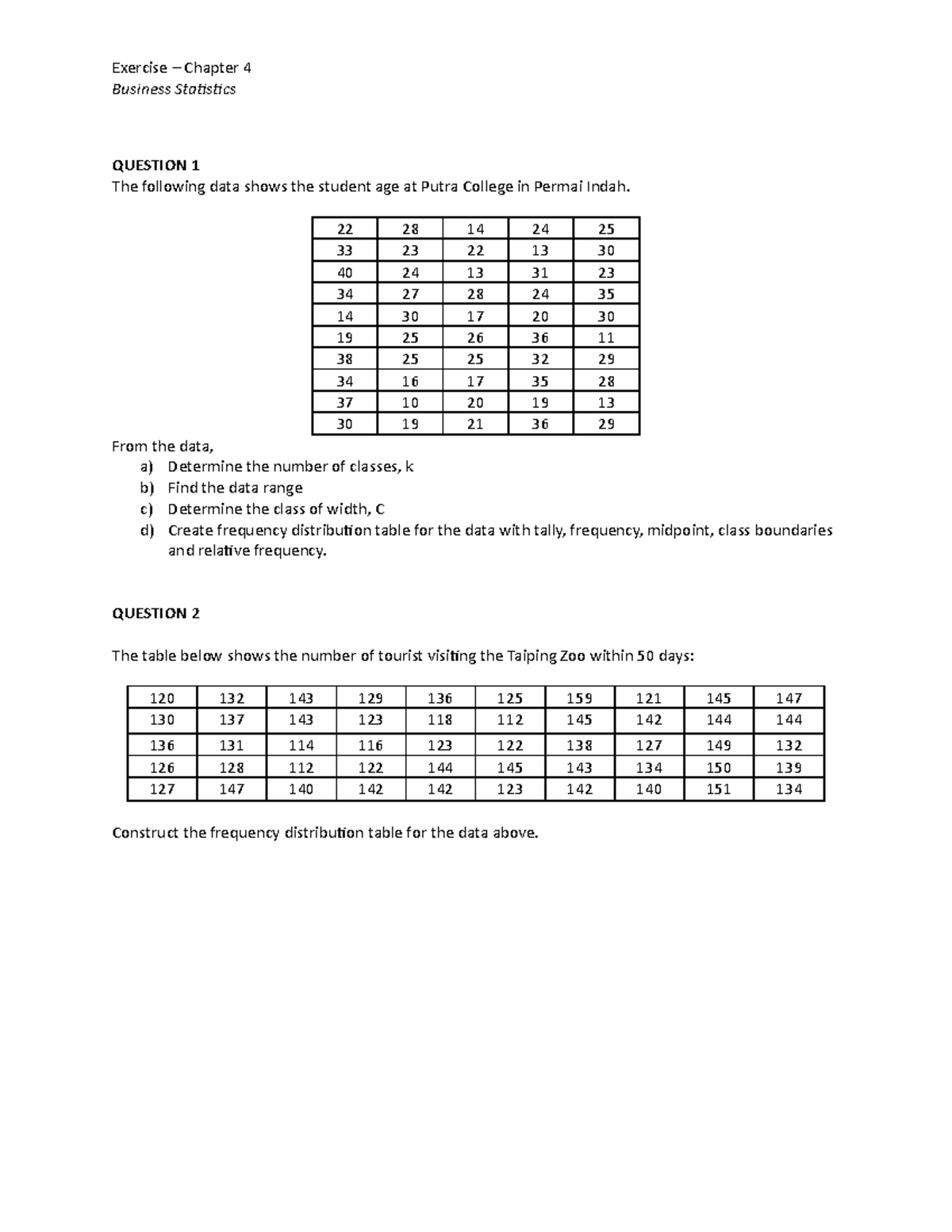 Class Exercise Chapter 4 - Exercise – Chapter 4 Business Statistics ...