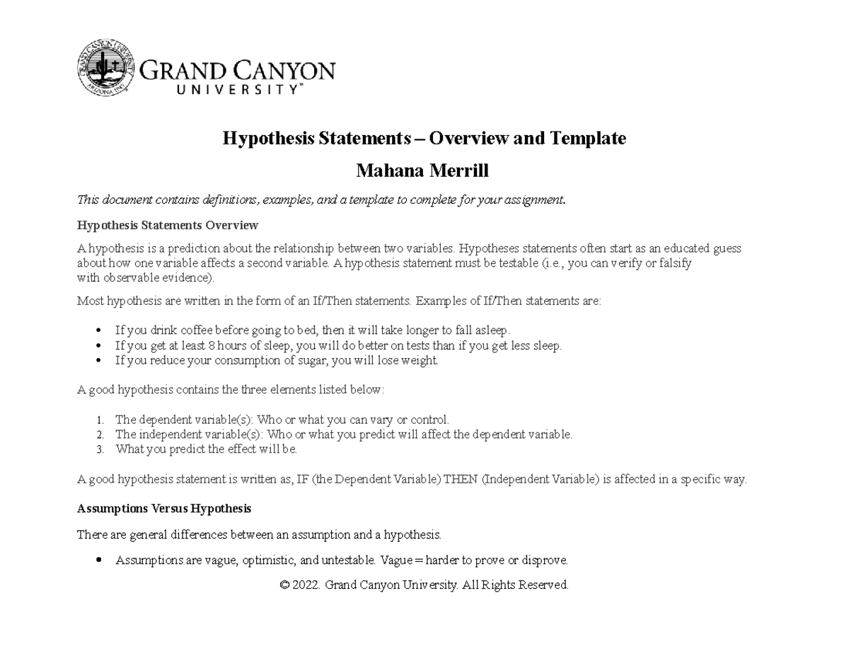 Hypothesis Statements Overview and Template - Hypothesis Statements ...