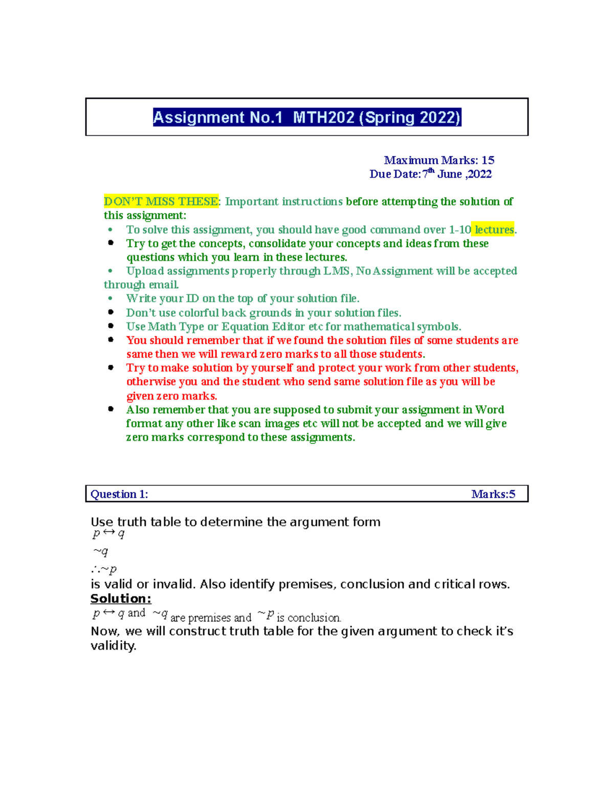 Spring 2022 MTH202 1 SOL - Assignment No MTH202 (Spring 2022) Maximum ...