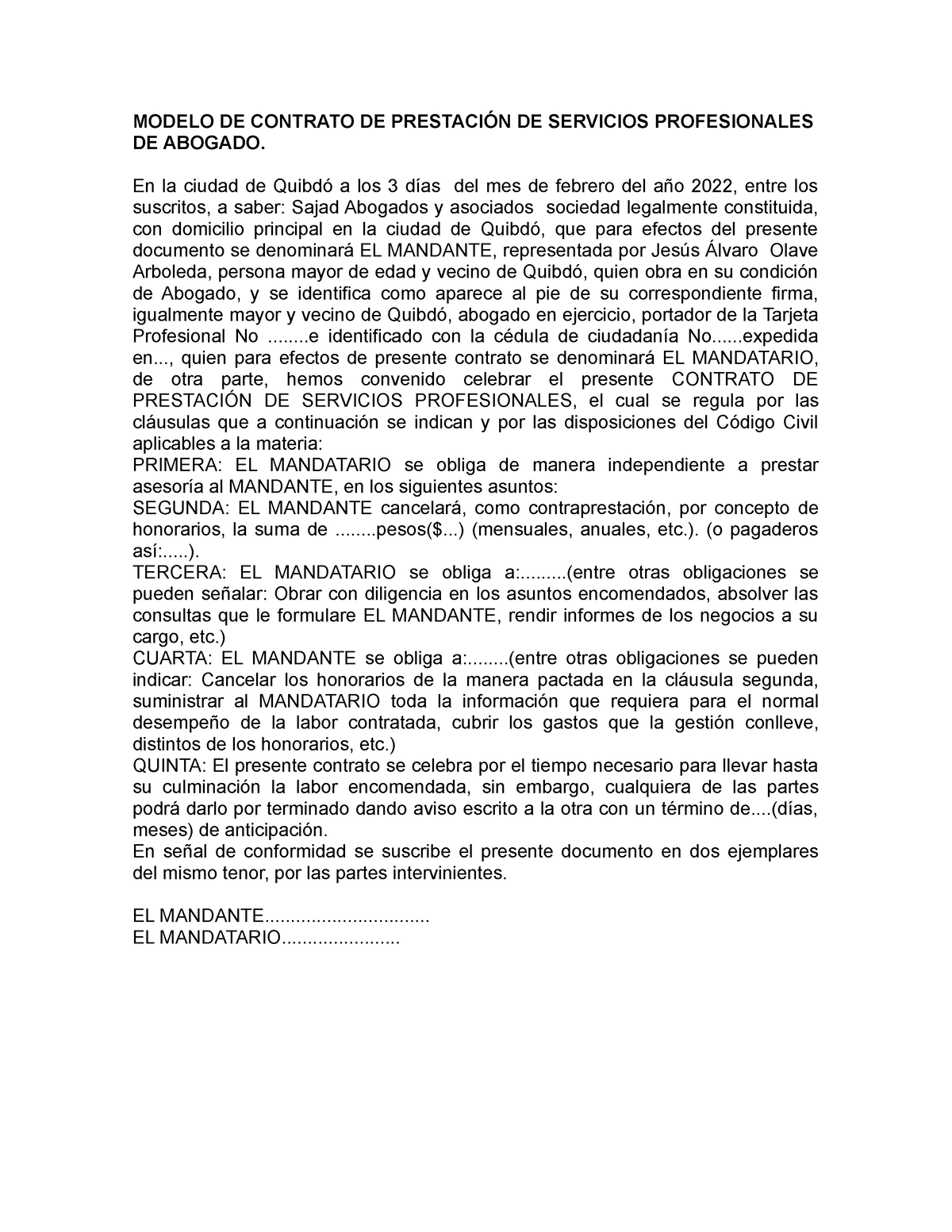 Modelo De Contrato De Prestación De Servicios Profesionales De Abogado Modelo De Contrato De 8530