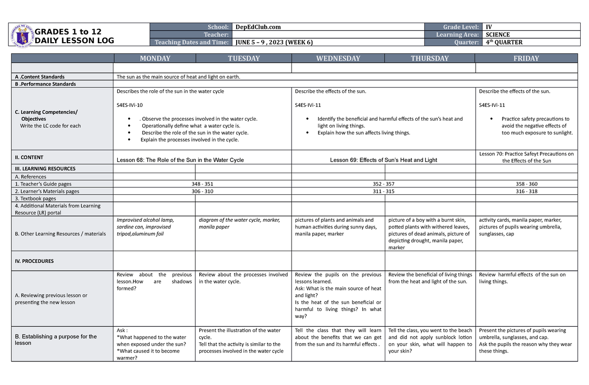 DLL Science 4 Q4 W6 - dasdasda - GRADES 1 to 12 DAILY LESSON LOG School ...