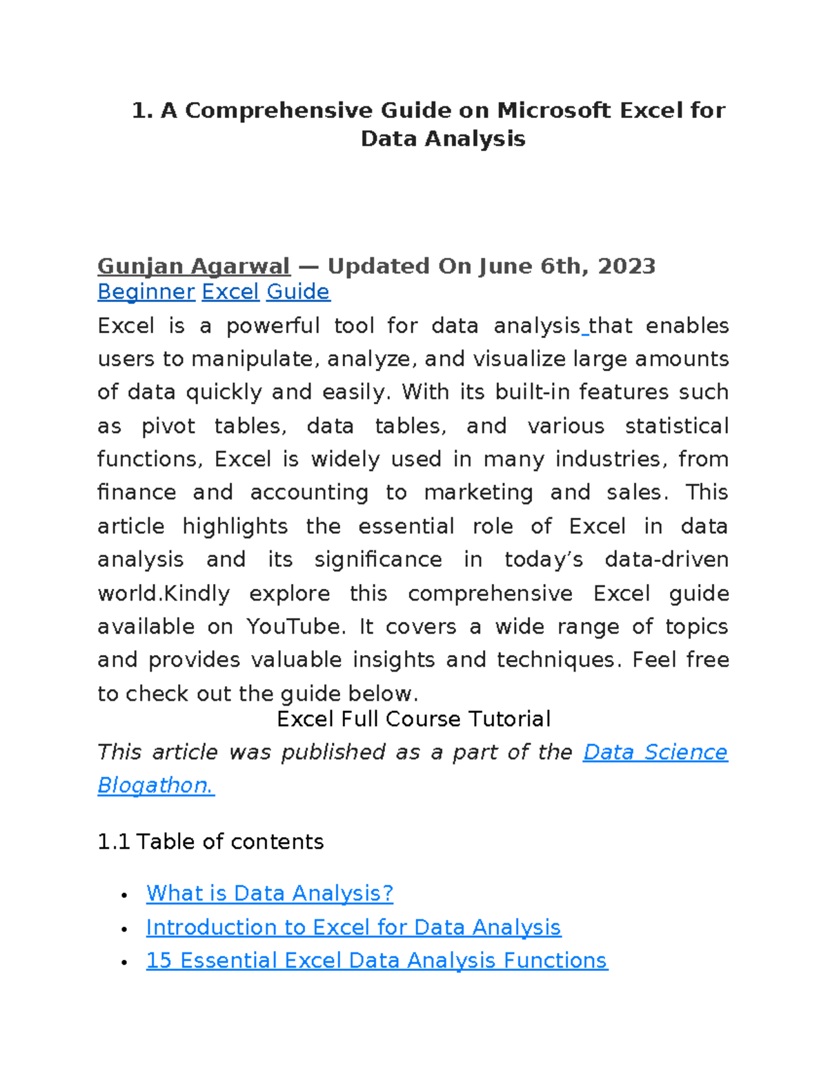 A Comprehensive Guide on Microsoft Excel for Data Analysis - 1. A ...