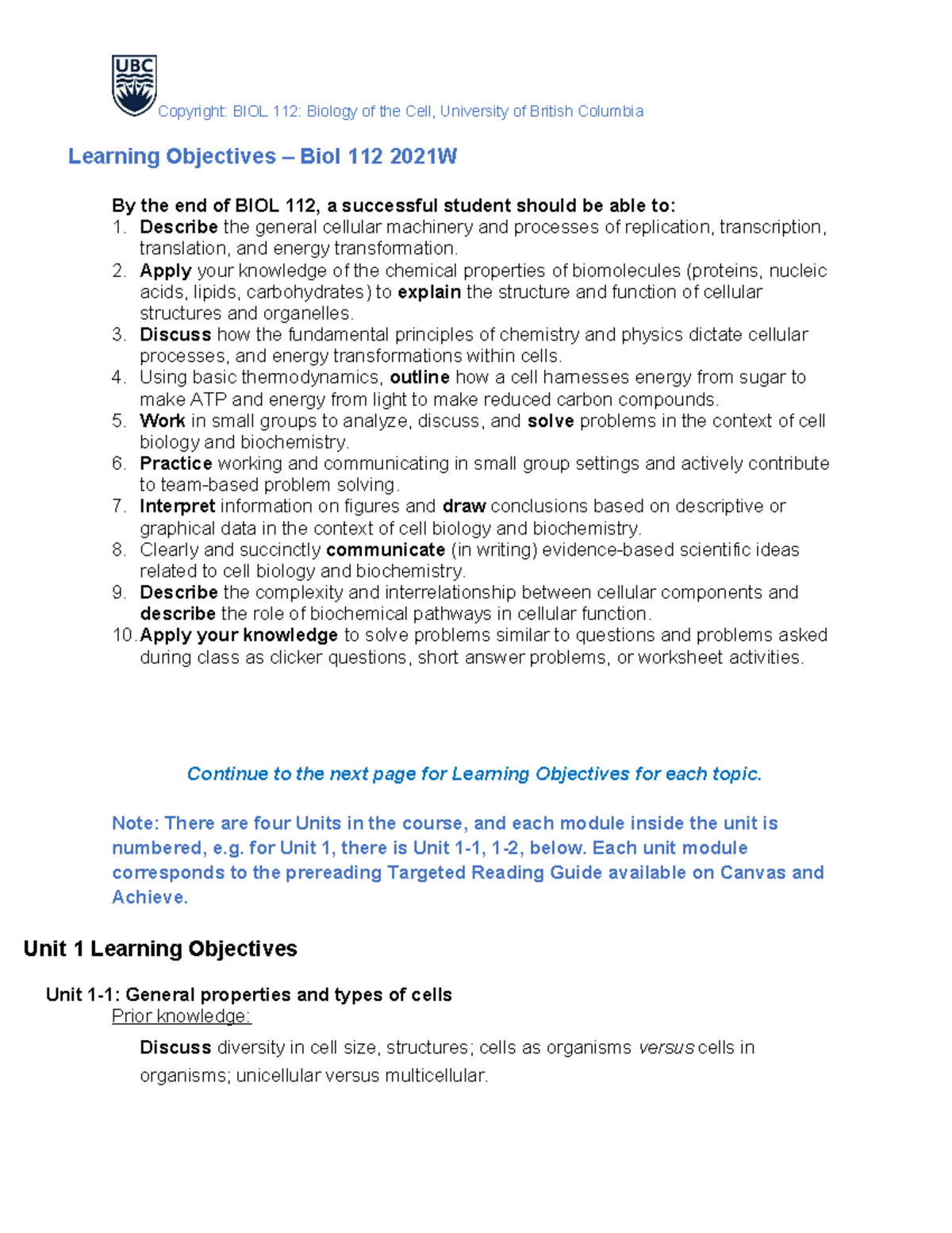 Biol 112 2021W - Course Learning Objectives - Student Version ...