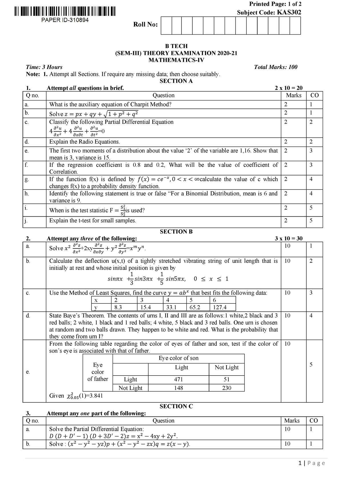 Btech as 3 sem mathematics 4 kas302 2021 - Printed Page: 1 of 2 Subject ...