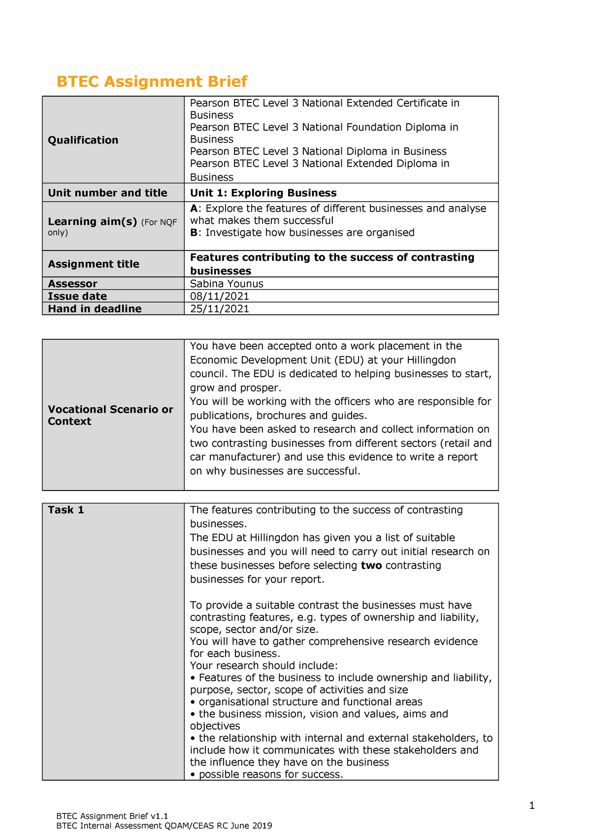 business btec unit 1 assignment 1