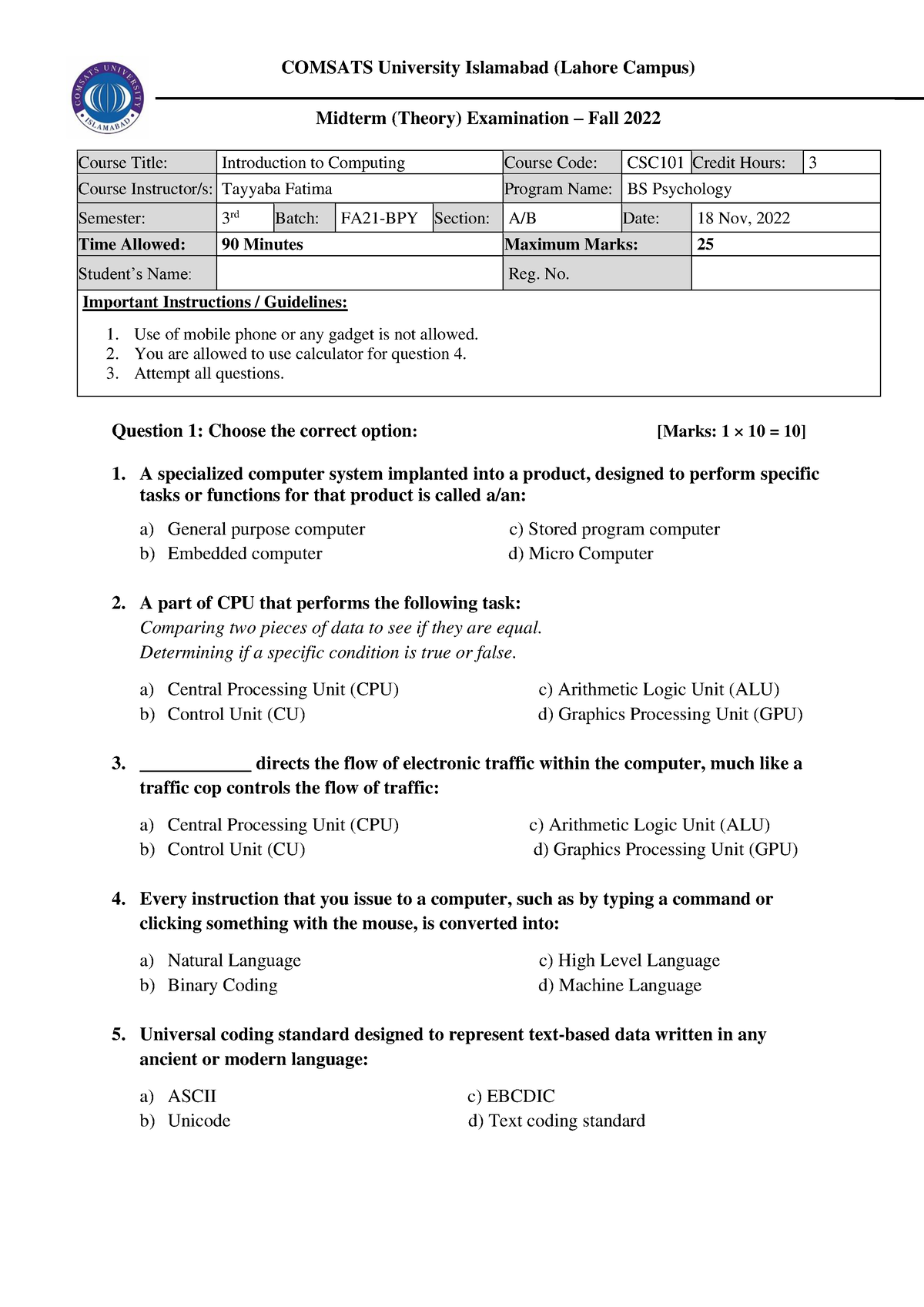 ITC Theory Exam (Mid Term) COMSATS University Islamabad (Lahore