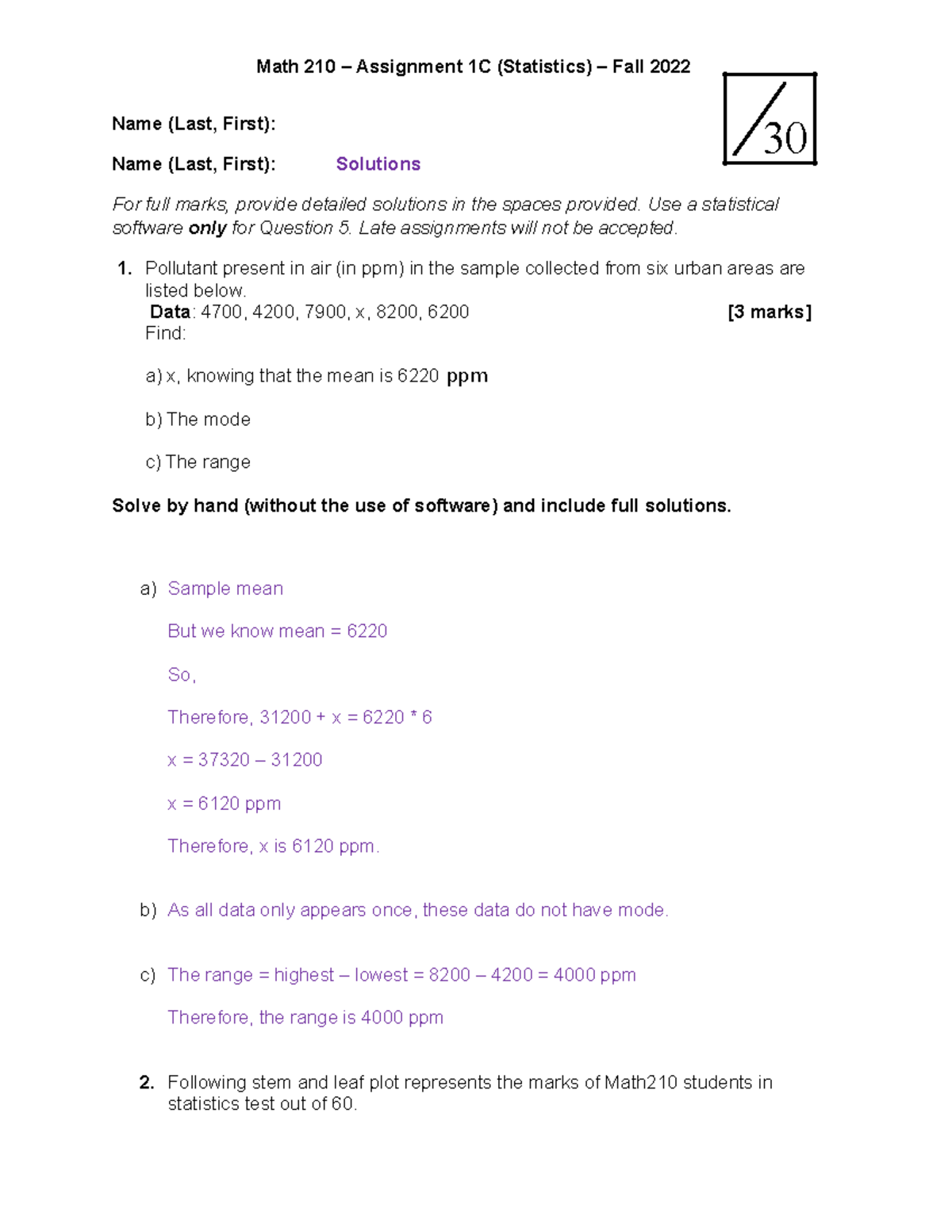 Math 210 - Assignment 1C - Statistics - Solutions - Name (Last, First ...