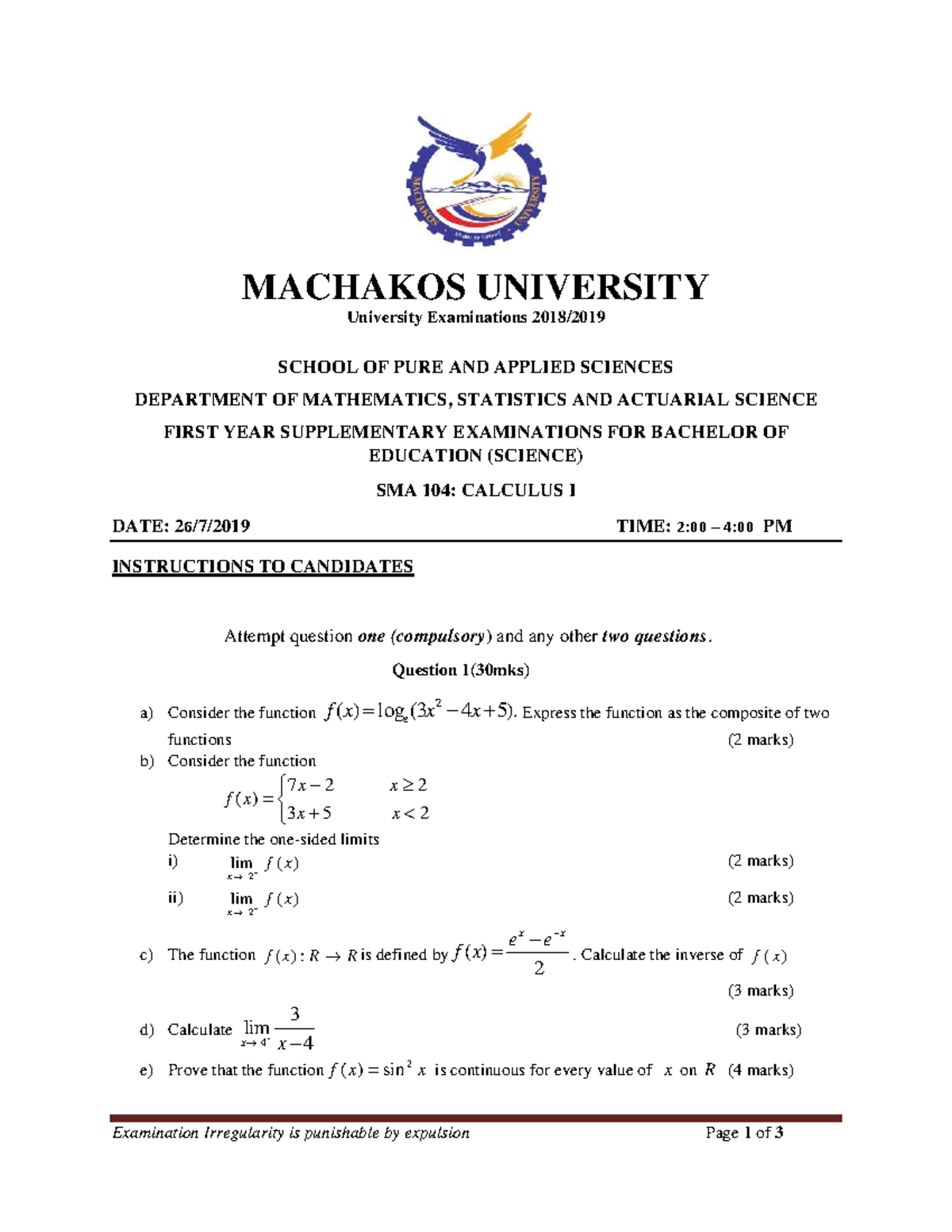 Sma104 - Revision material - Examination Irregularity is punishable by ...