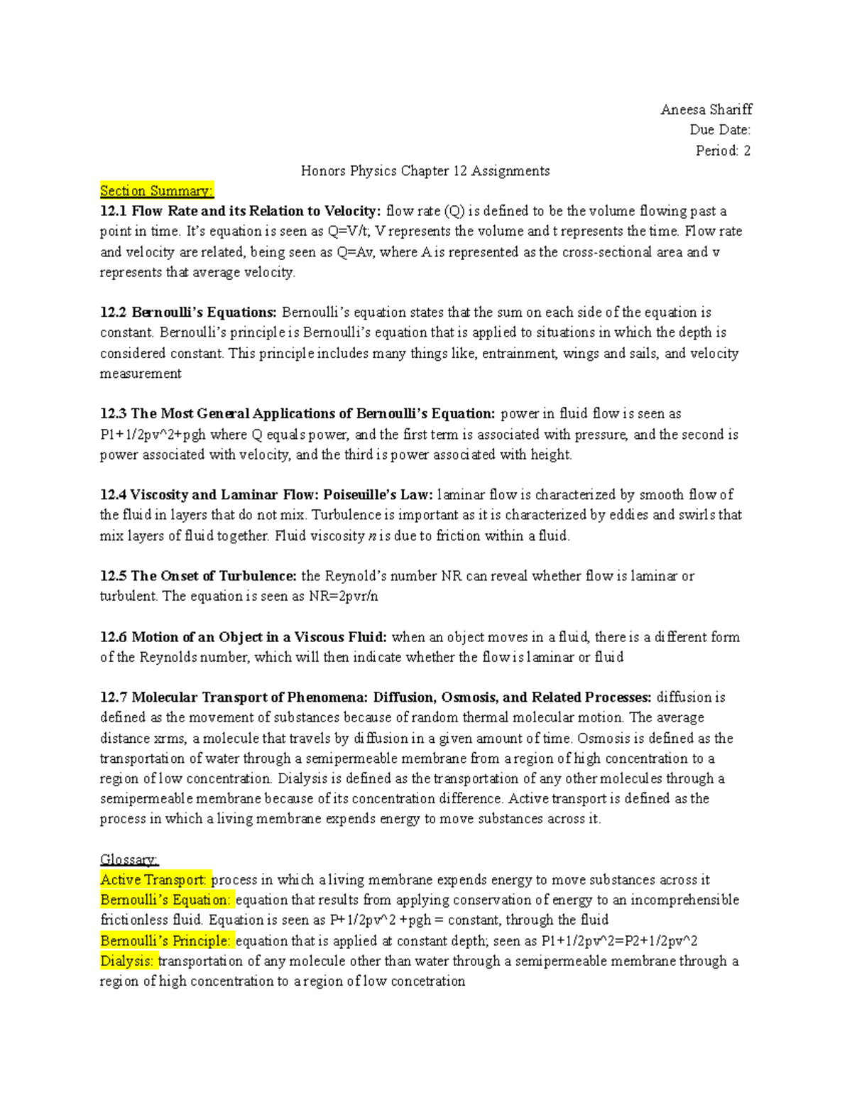 Physics Chapter 12 Assignments - Aneesa Shariff Due Date: Period: 2 ...