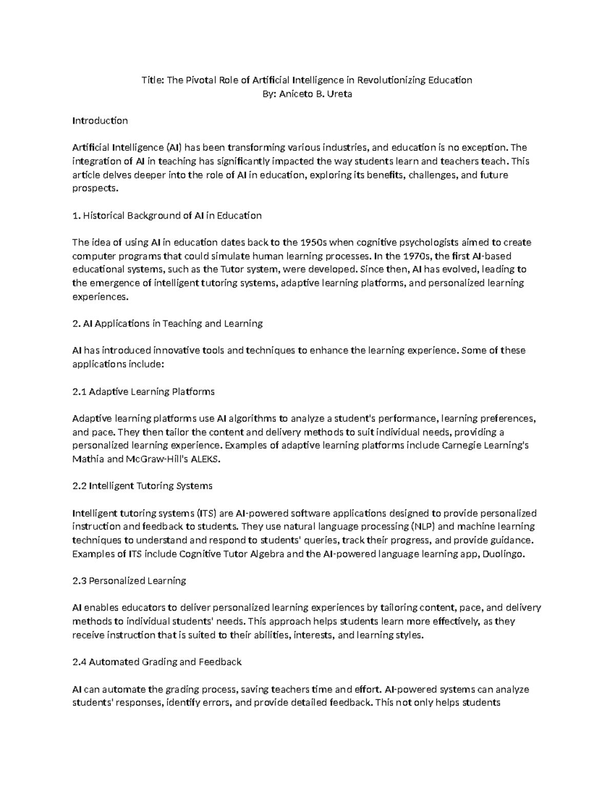 The Pivotal Role of Artificial Intelligence in Education - Title: The ...