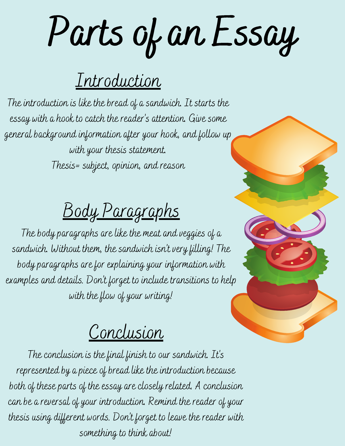 Partsofan Essay Sandwich Visual-1 - Parts of an Essay Introduction The ...