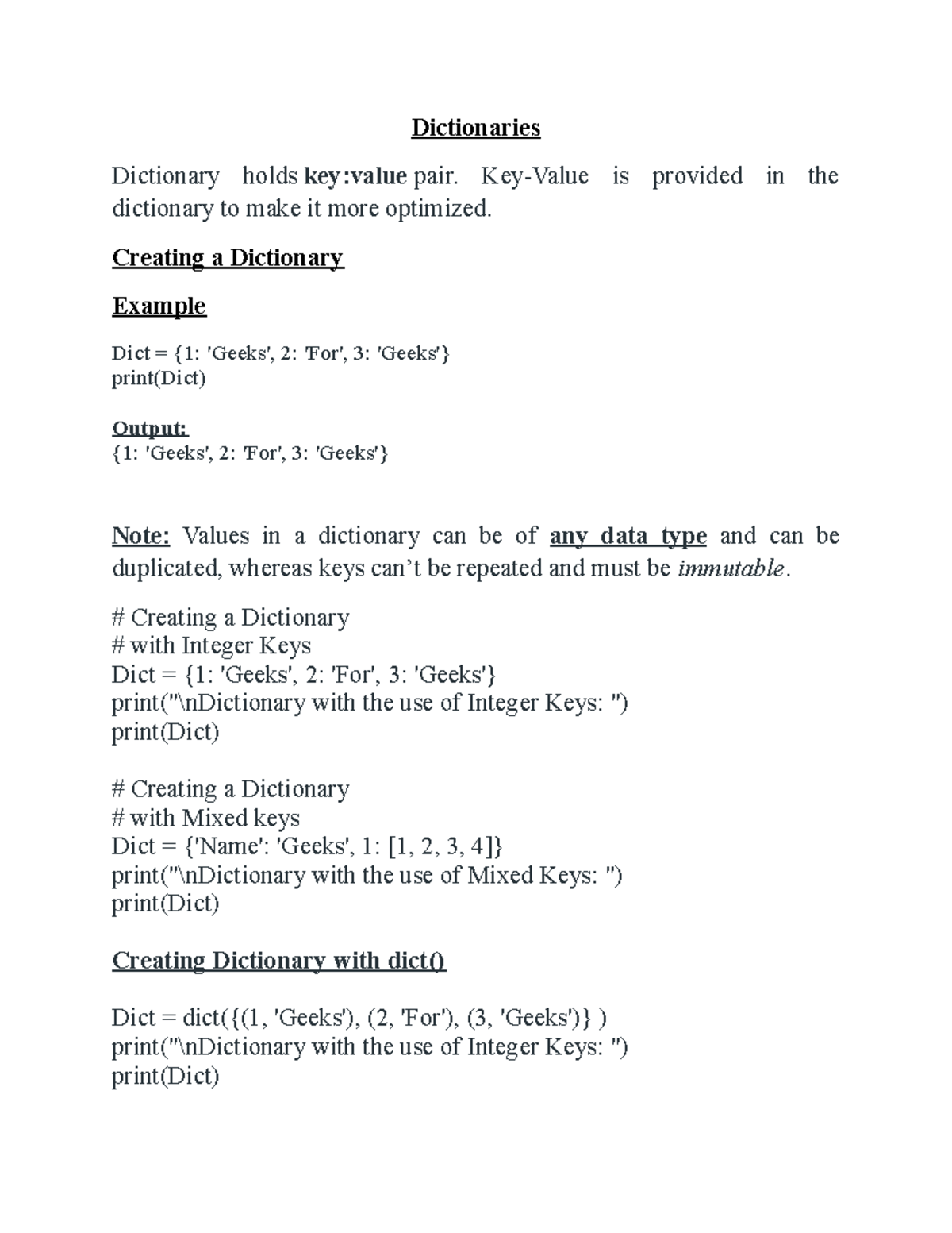 Dictionaries - Dictionaries Dictionary holds key:value pair. Key-Value ...