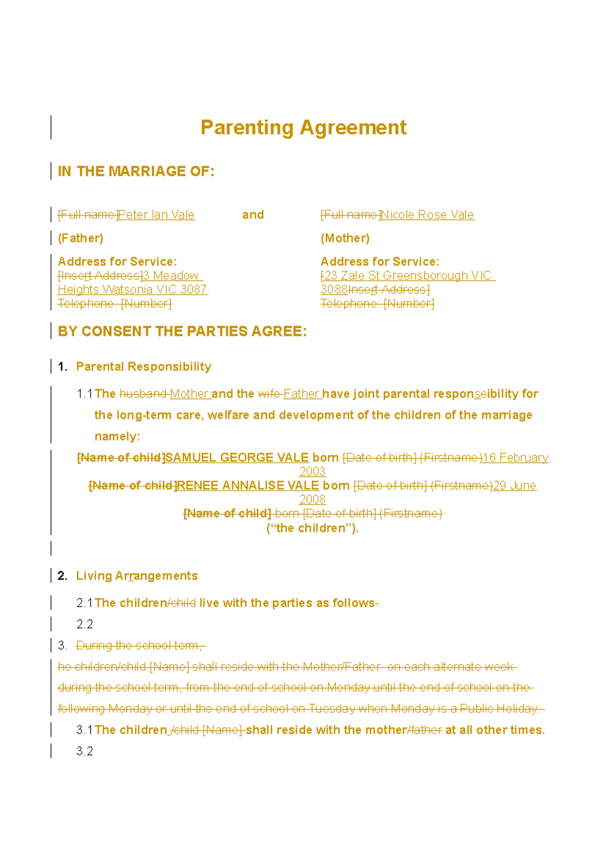 05. Parenting Agreement - Parental Responsibility 1 The husband Mother ...
