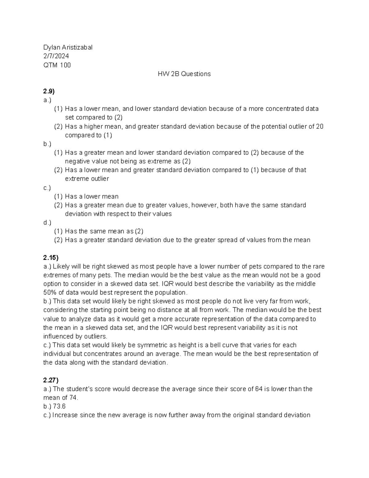 HW 2B - Homework practice key - Dylan Aristizabal 2/7/ QTM 100 HW 2B ...
