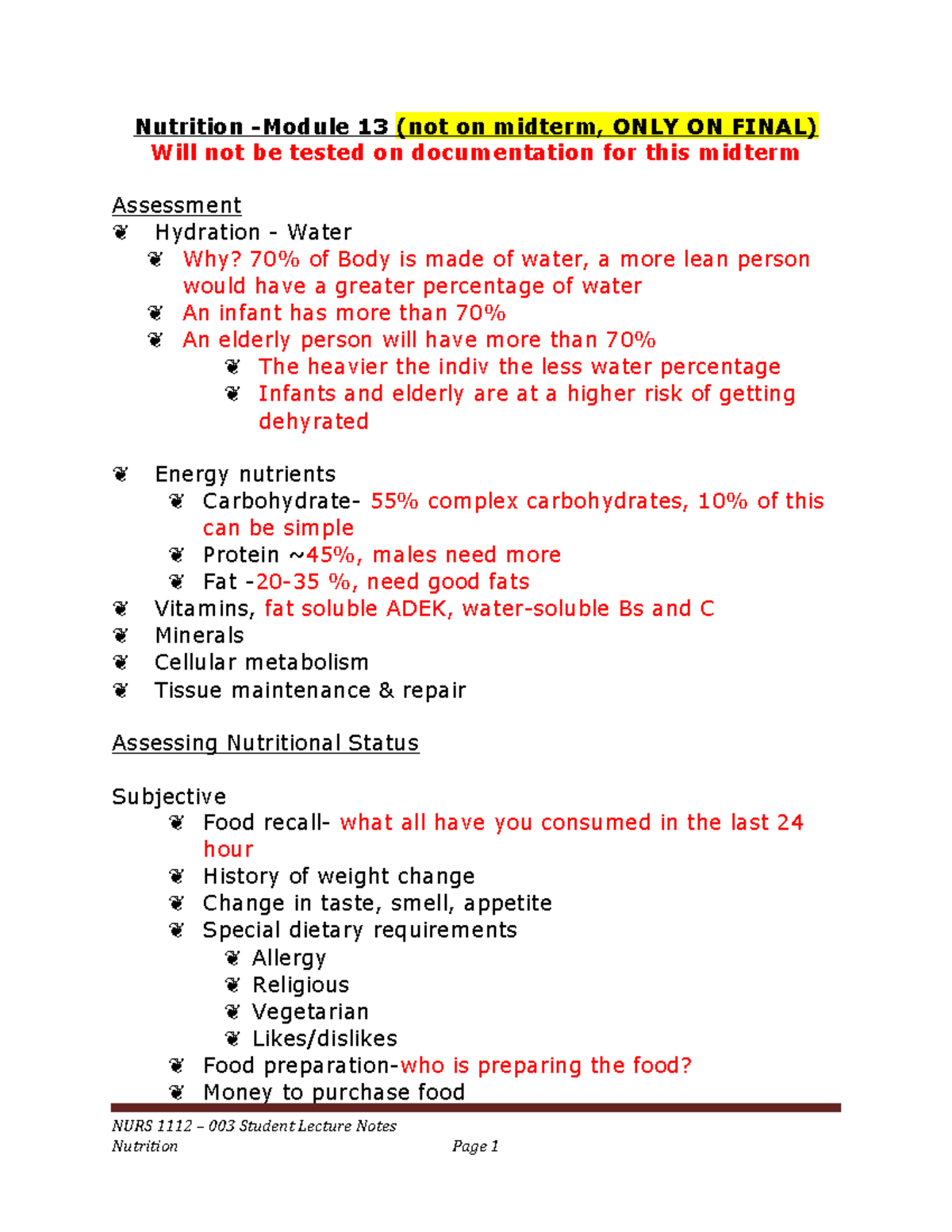 Nutrition -Module 13 Nurs 1112 - Nutrition -Module 13 (not on midterm ...