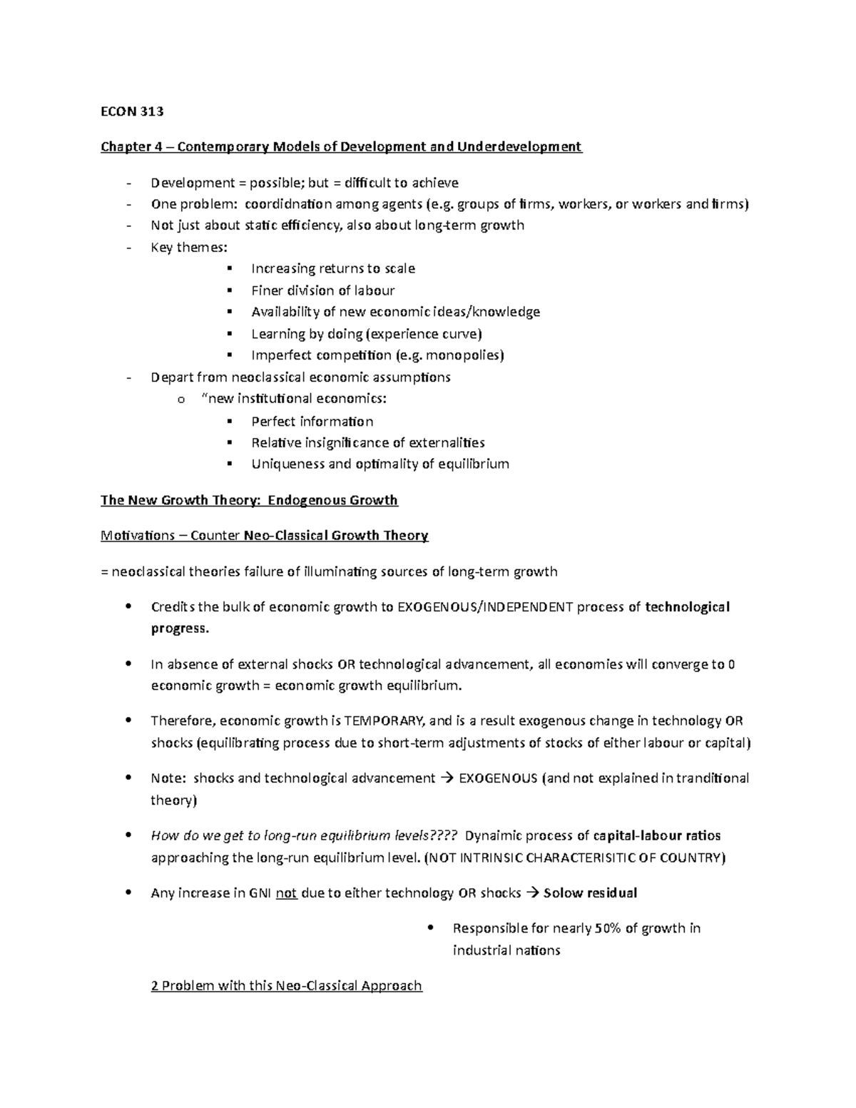 Chapter 4 notes for economic development - Econ 313 - McGill - Studocu